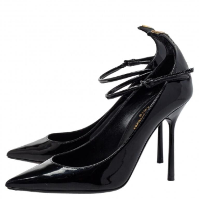 Women's Saint Laurent Black Patent Leather Ankle Strap Pumps Size 35 For Sale
