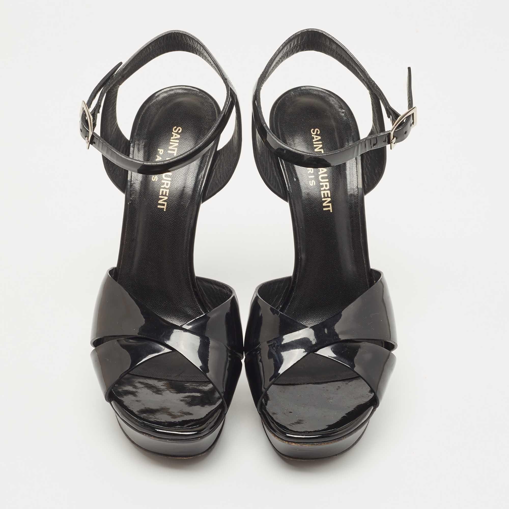 Women's Saint Laurent Black Patent Leather Ankle Strap Sandals Size 39