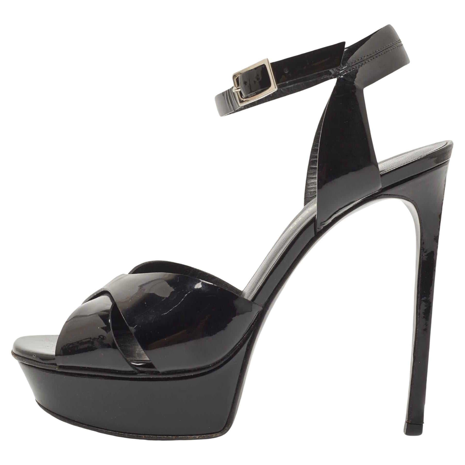 Saint Laurent Black Patent Leather Ankle Strap Sandals Size 39