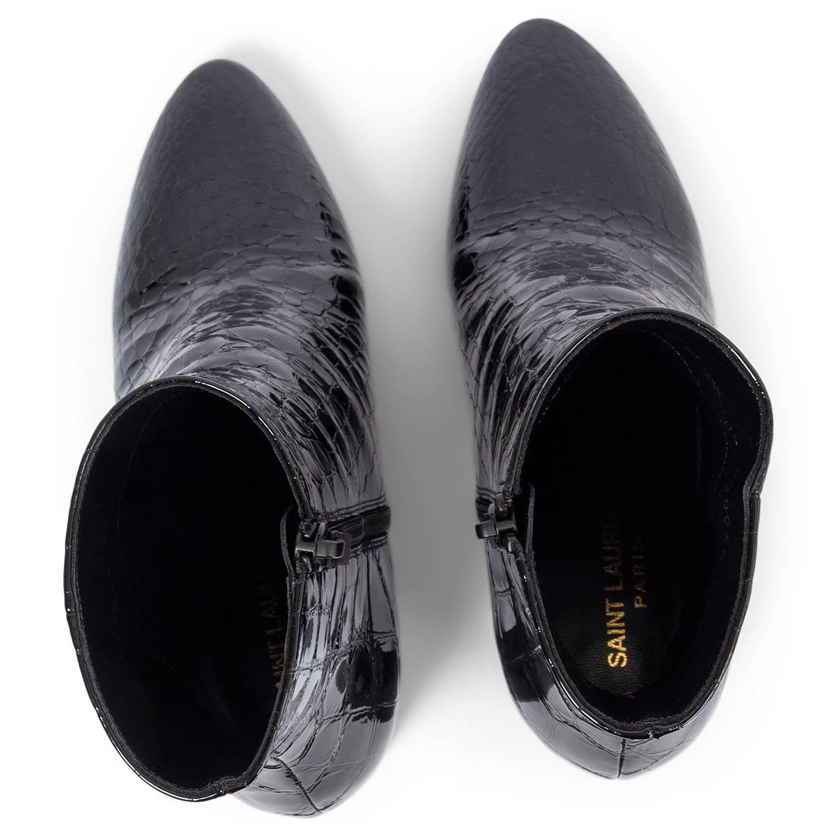 Black SAINT LAURENT black patent leather JANE CROCO Ankle Boots Shoes 37.5 For Sale