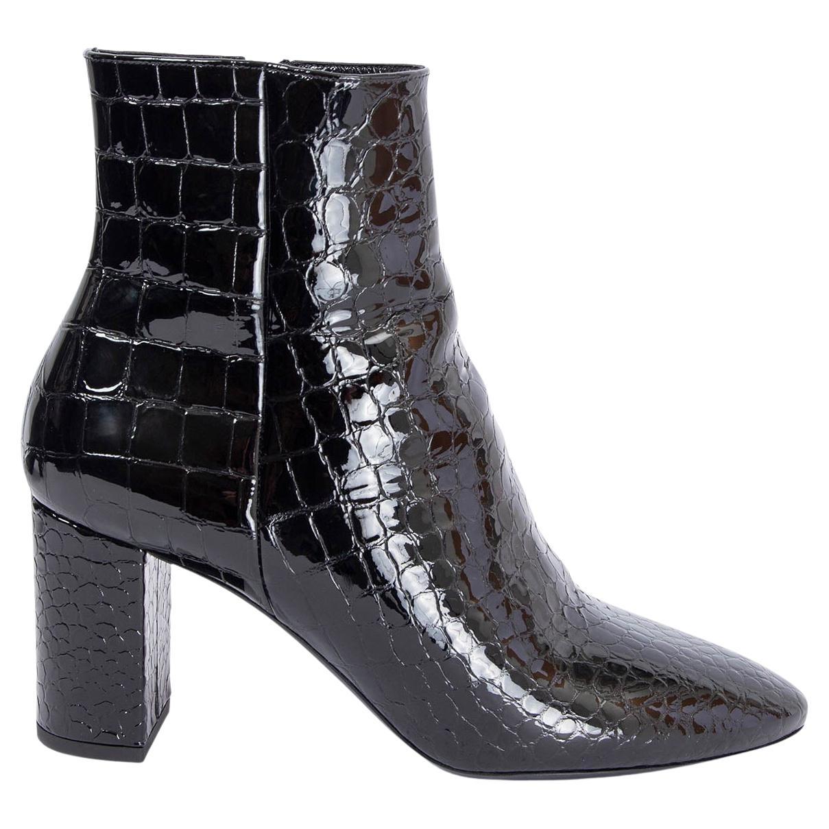 SAINT LAURENT black patent leather JANE CROCO Ankle Boots Shoes 37.5 For Sale