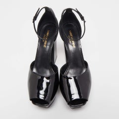 Saint Laurent Black Patent Leather Jodie Platform Ankle Strap Sandals Size 38