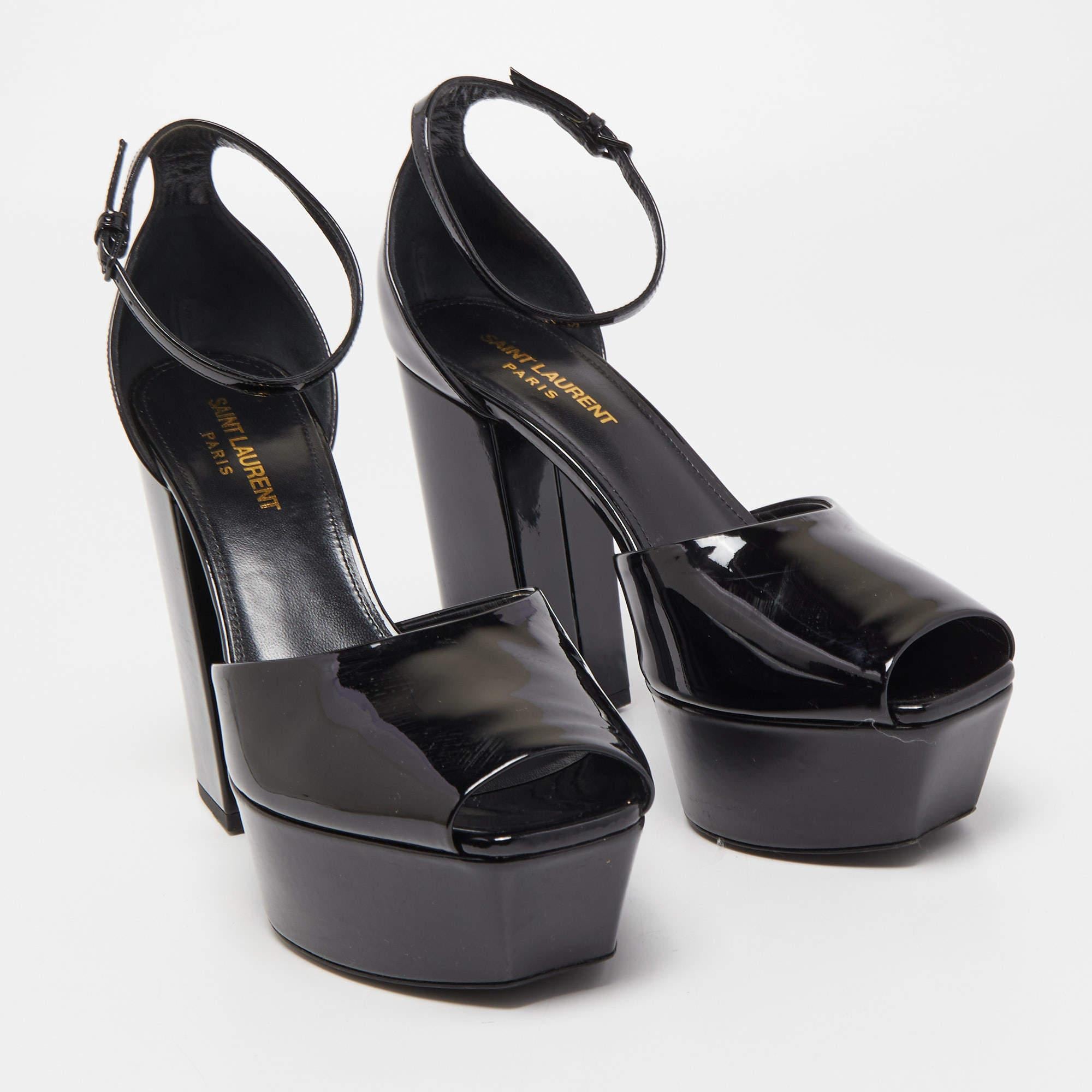 Women's Saint Laurent Black Patent Leather Jodie Platform Ankle Strap Sandals Size 38