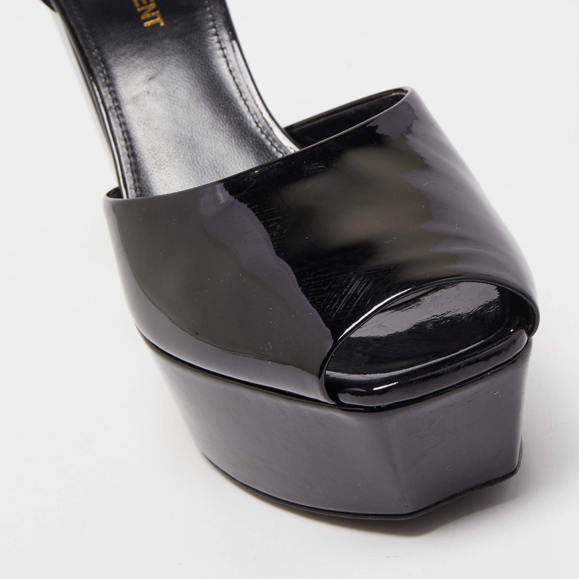Saint Laurent Black Patent Leather Jodie Platform Ankle Strap Sandals Size 38 2