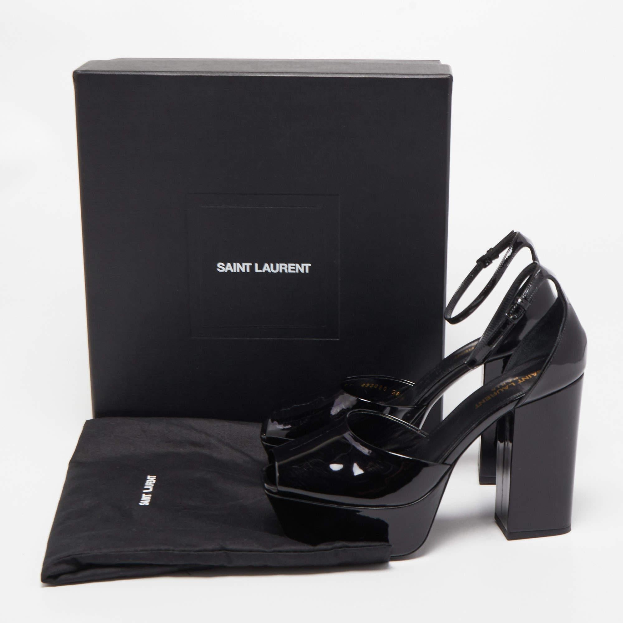 Saint Laurent Black Patent Leather Jodie Platform Ankle Strap Sandals Size 38 3