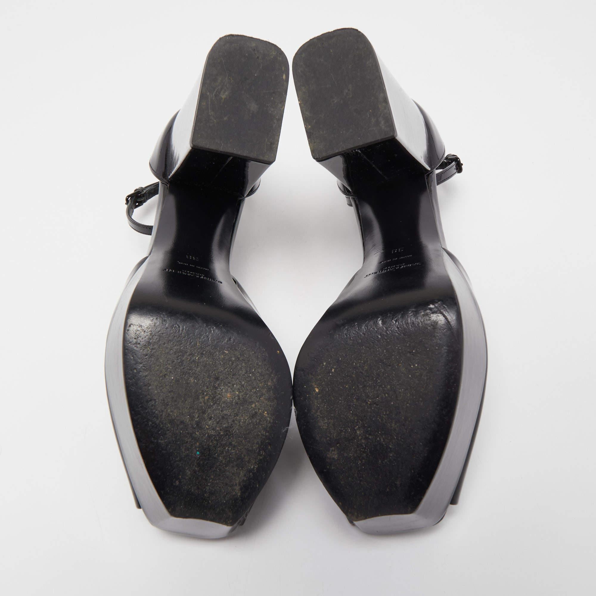 Saint Laurent Black Patent Leather Jodie Platform Ankle Strap Sandals Size 38 5