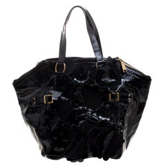 Saint Laurent Black Patent Leather Large Floral Applique Downtown Tote