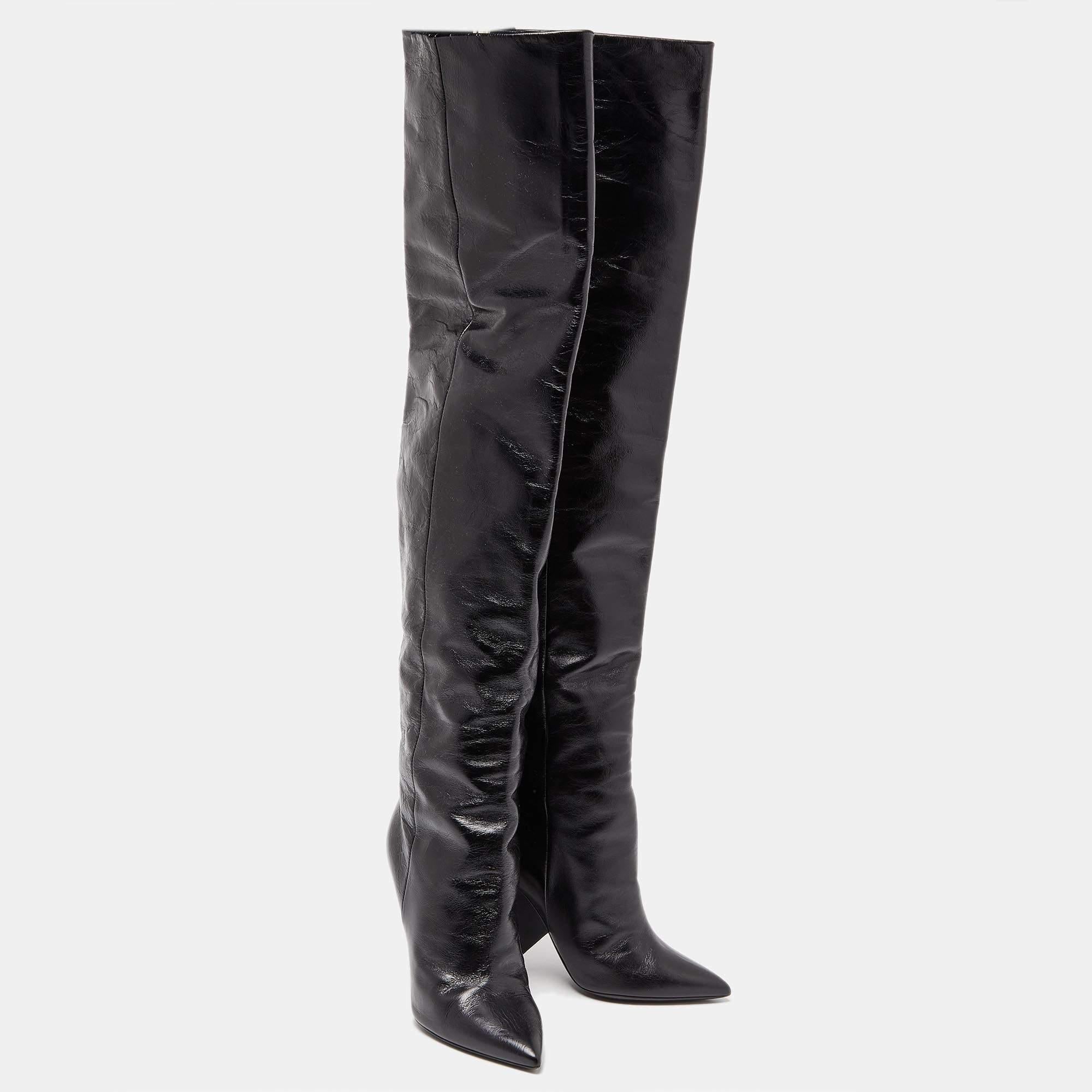 Saint Laurent Black Patent Leather Niki Over The Knee Boots Size 38 In Good Condition For Sale In Dubai, Al Qouz 2