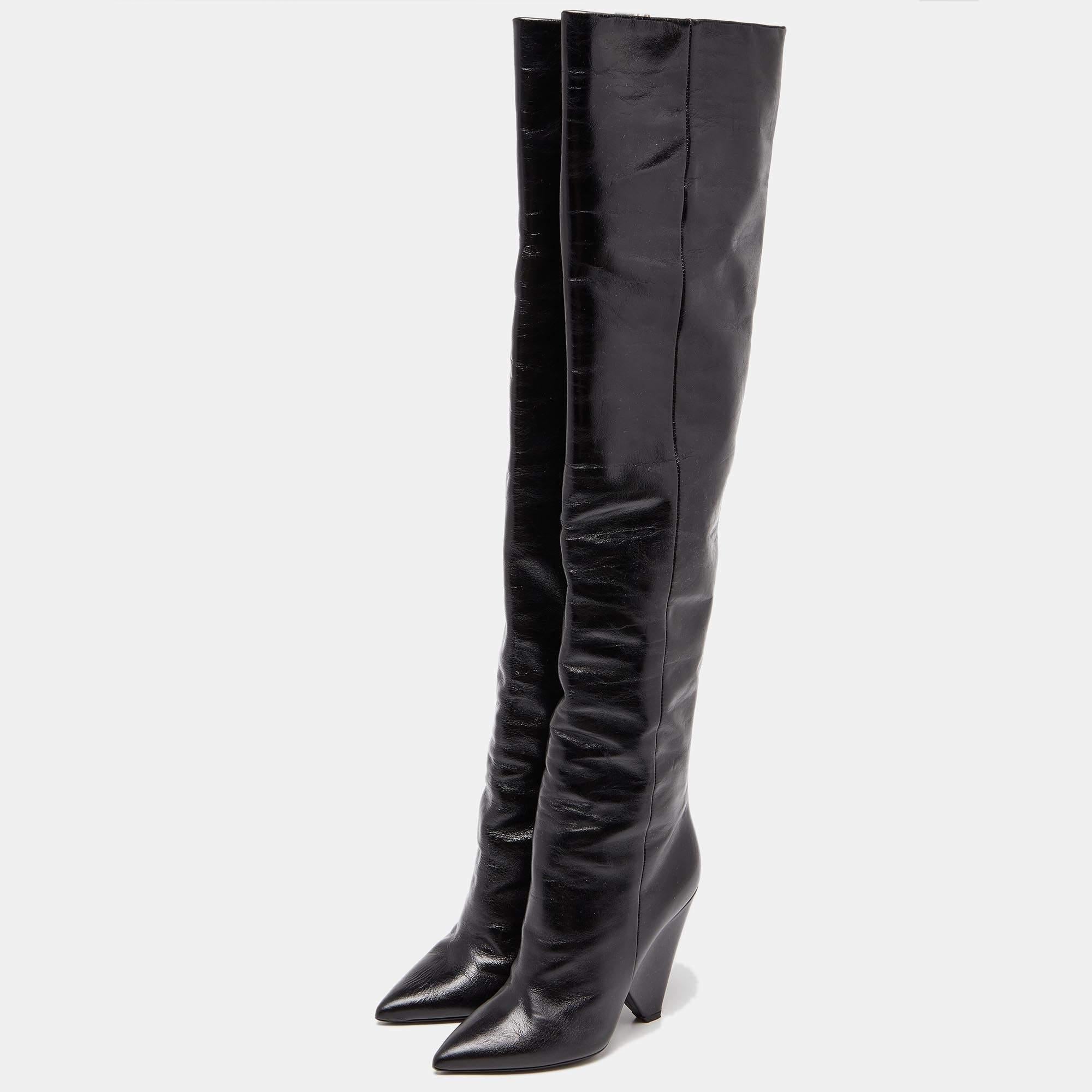 Saint Laurent Black Patent Leather Niki Over The Knee Boots Size 38 For Sale 3
