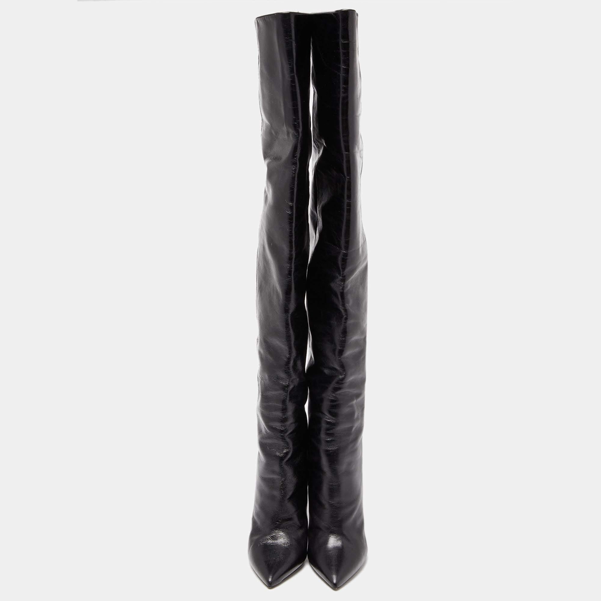 Saint Laurent Black Patent Leather Niki Over The Knee Boots Size 38 For Sale 4