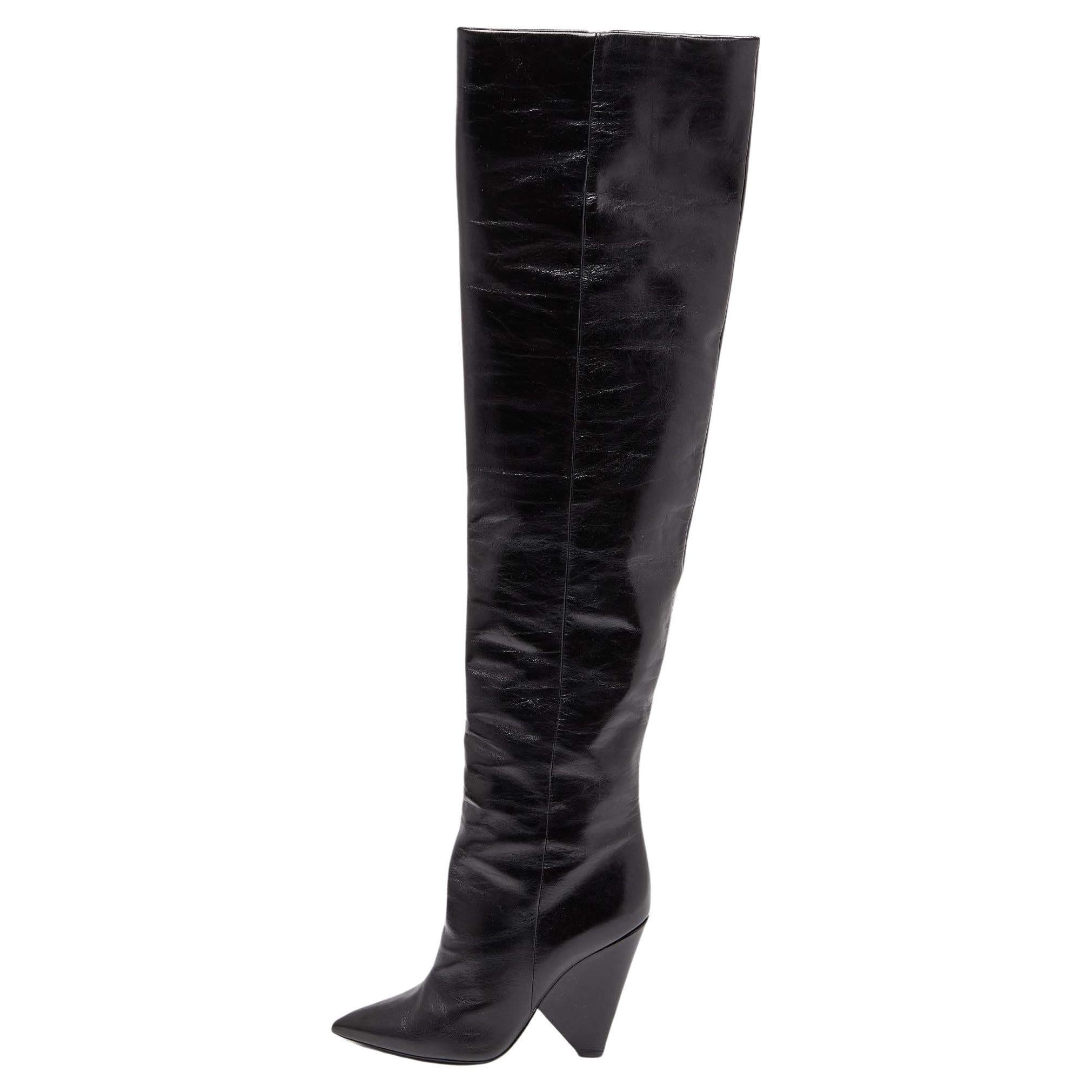 Saint Laurent Black Patent Leather Niki Over The Knee Boots Size 38 For Sale