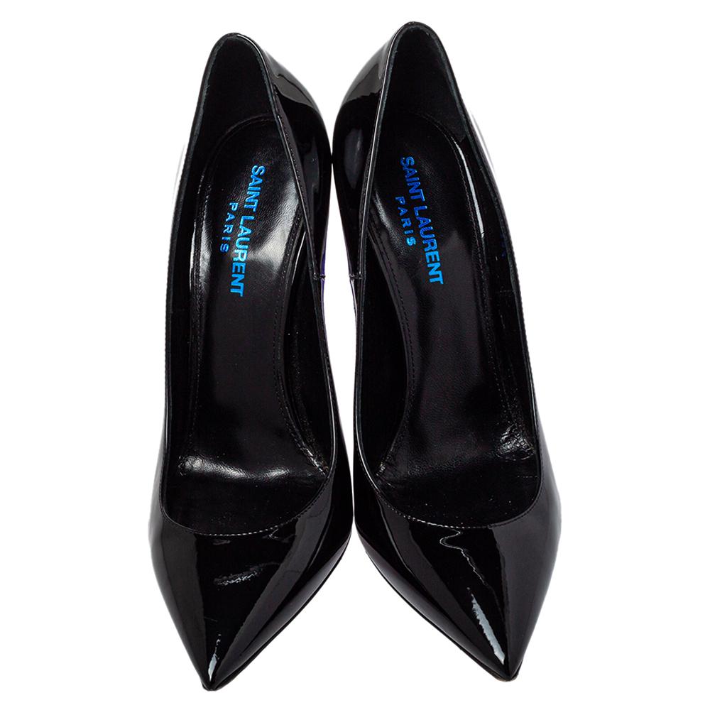 Saint Laurent brings you these gorgeous pumps to lift you in the most fashionable way. From their shape and classy black finish to their overall appeal, they are mesmerizing. The pumps come crafted from patent leather and designed with pointed toes