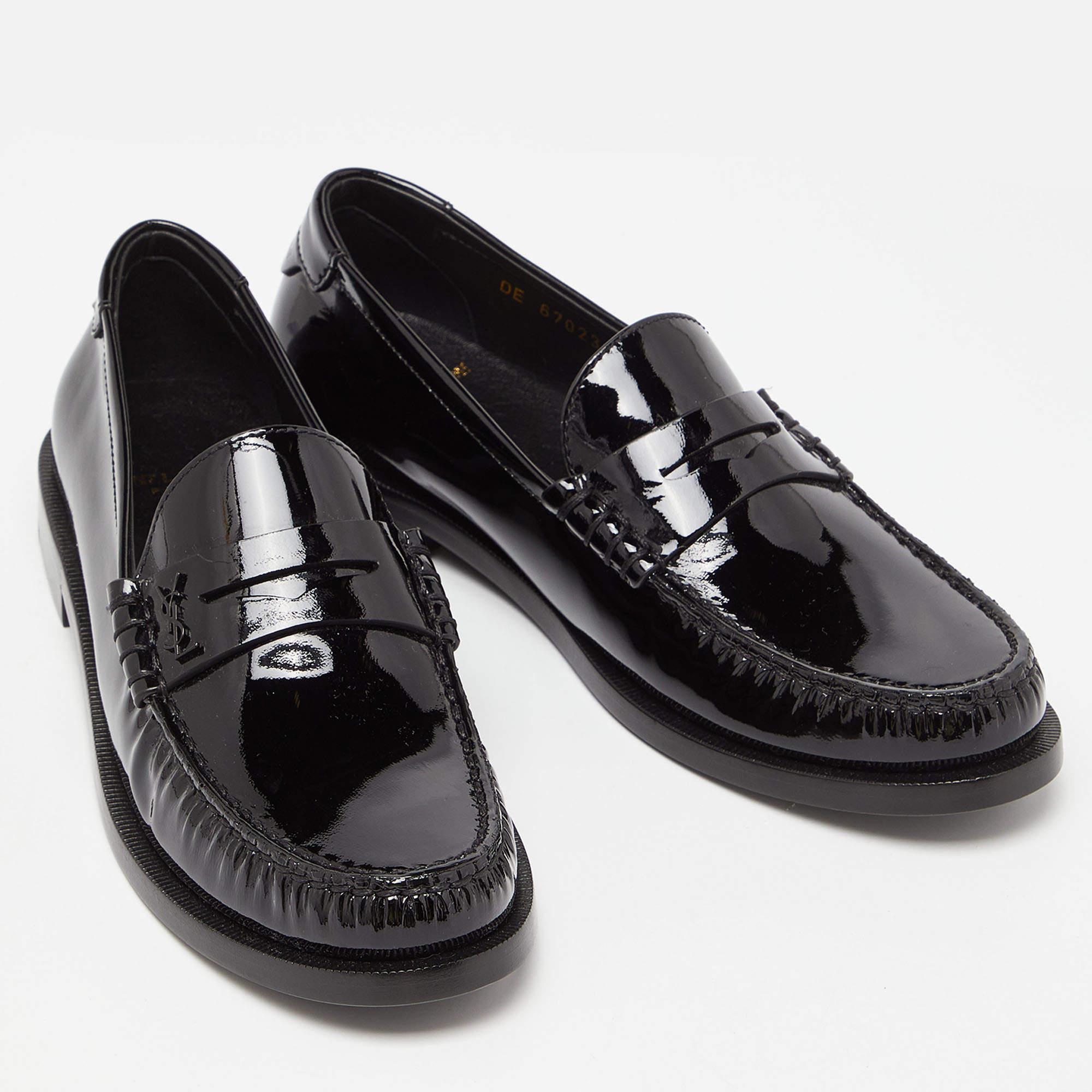 Saint Laurent Black Patent Leather Penny Le Loafers Size 37.5 5