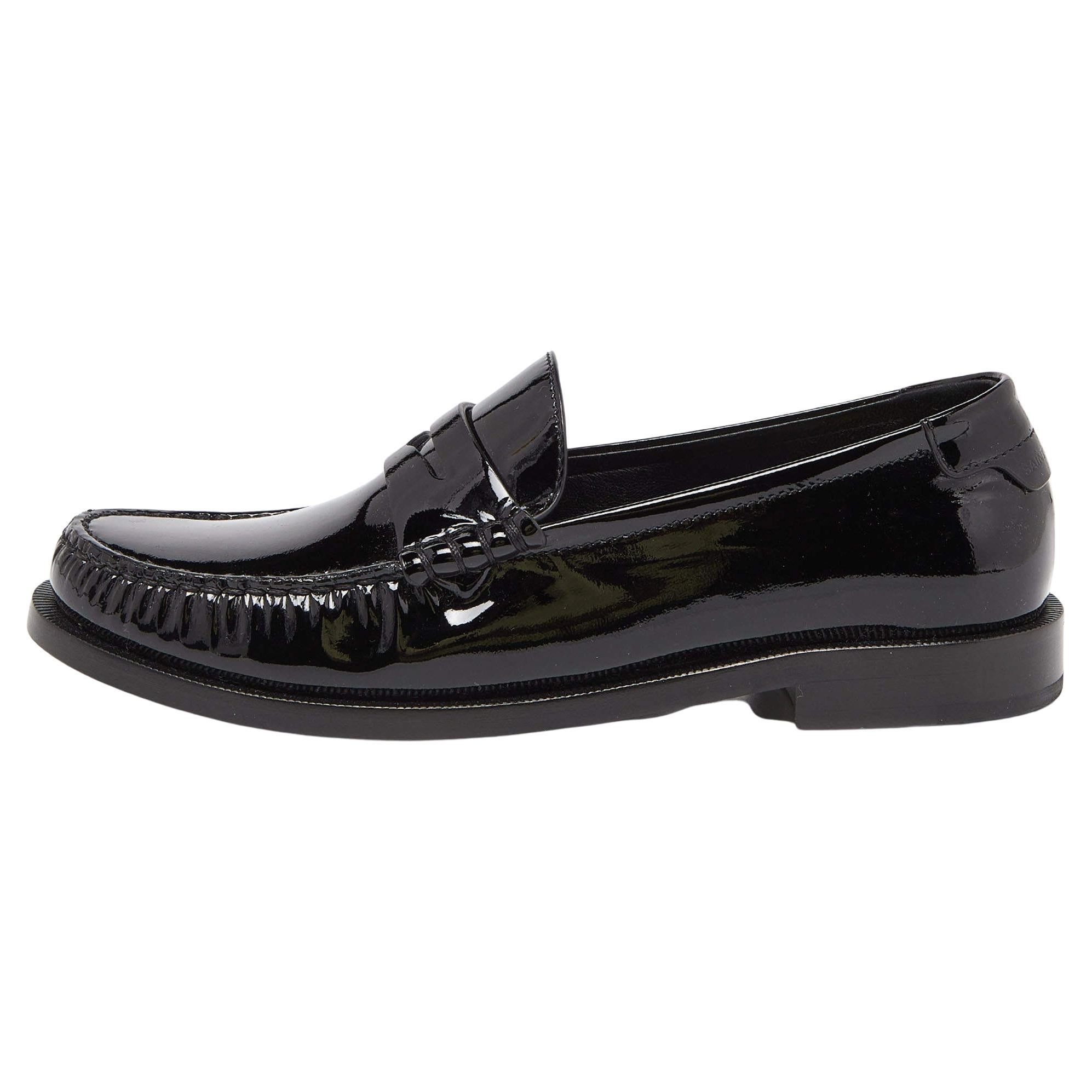 Saint Laurent Black Patent Leather Penny Le Loafers Size 37.5 For Sale
