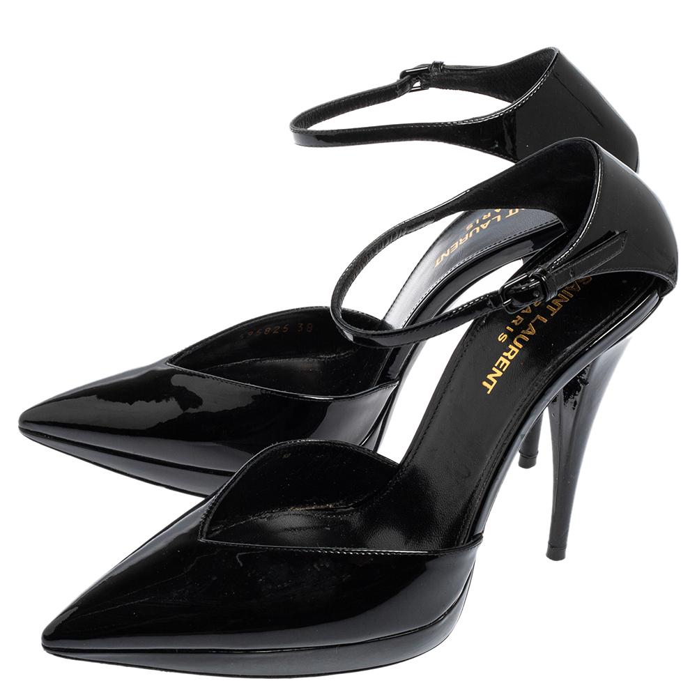 Saint Laurent Black Patent Leather Platform Ankle Strap Sandals Size 38 In Good Condition In Dubai, Al Qouz 2