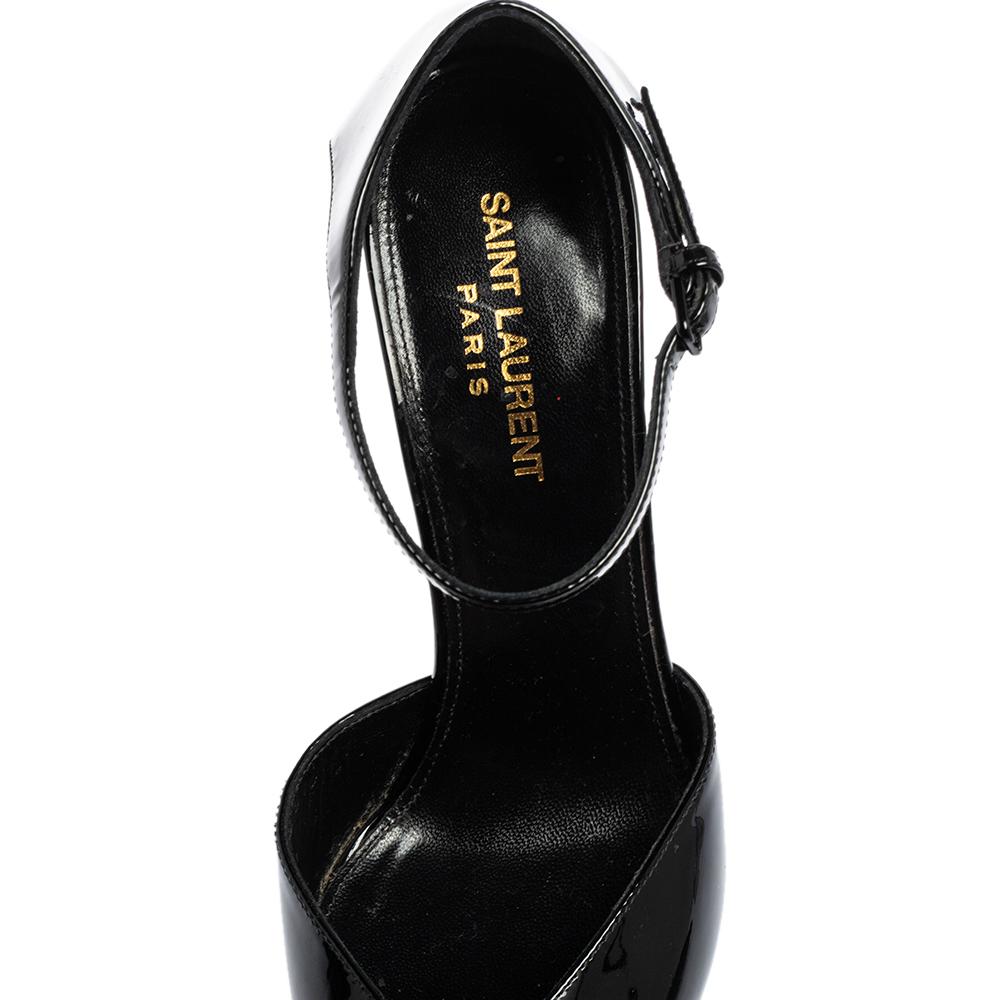 Women's Saint Laurent Black Patent Leather Platform Ankle Strap Sandals Size 38