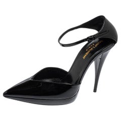 Saint Laurent Black Patent Leather Platform Ankle Strap Sandals Size 38