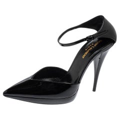Saint Laurent Schwarze Lackleder Plateau-Sandalen mit Knöchelriemen Größe 38