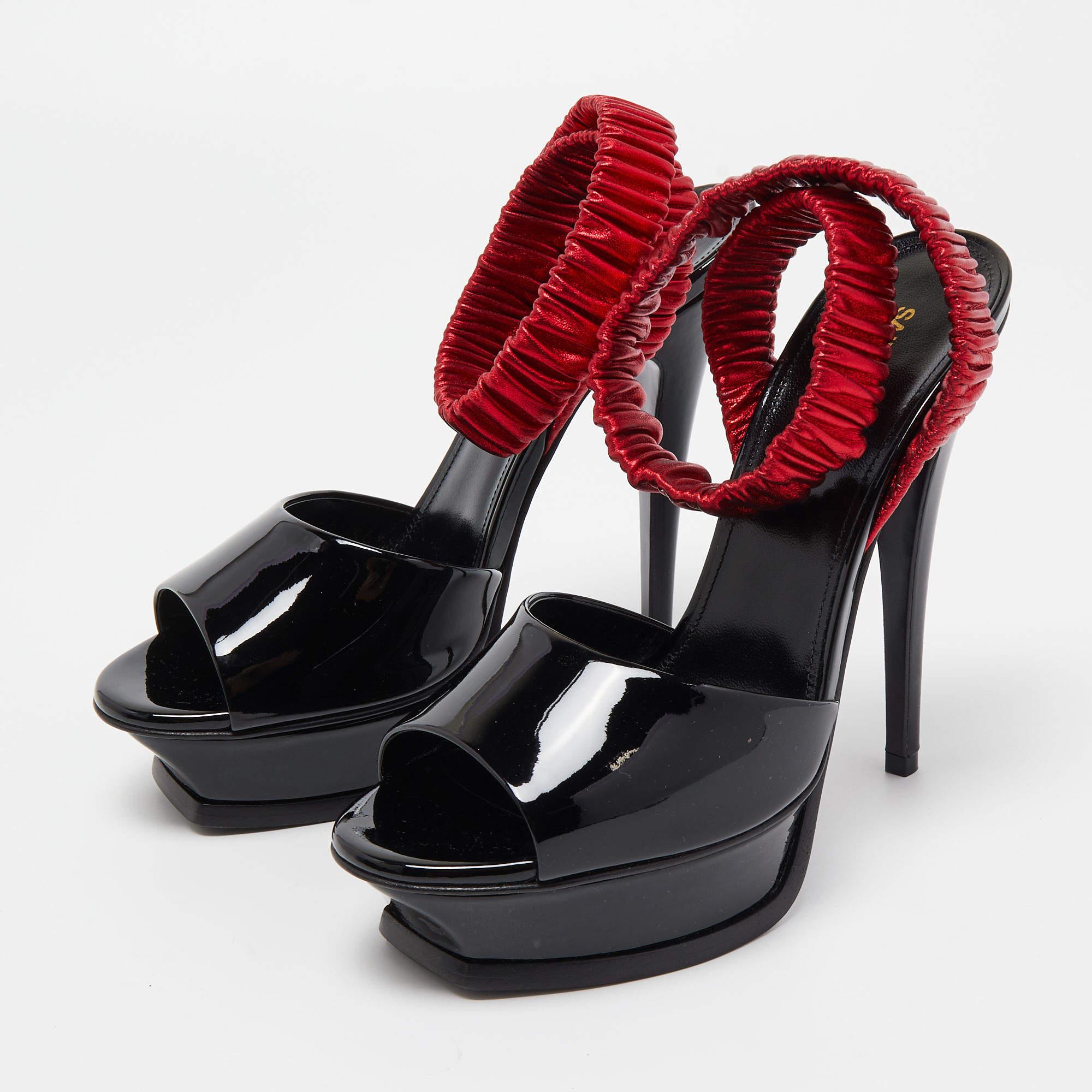 Saint Laurent Black Patent Leather Platform Ankle Wrap Sandals Size 36.5 In New Condition In Dubai, Al Qouz 2