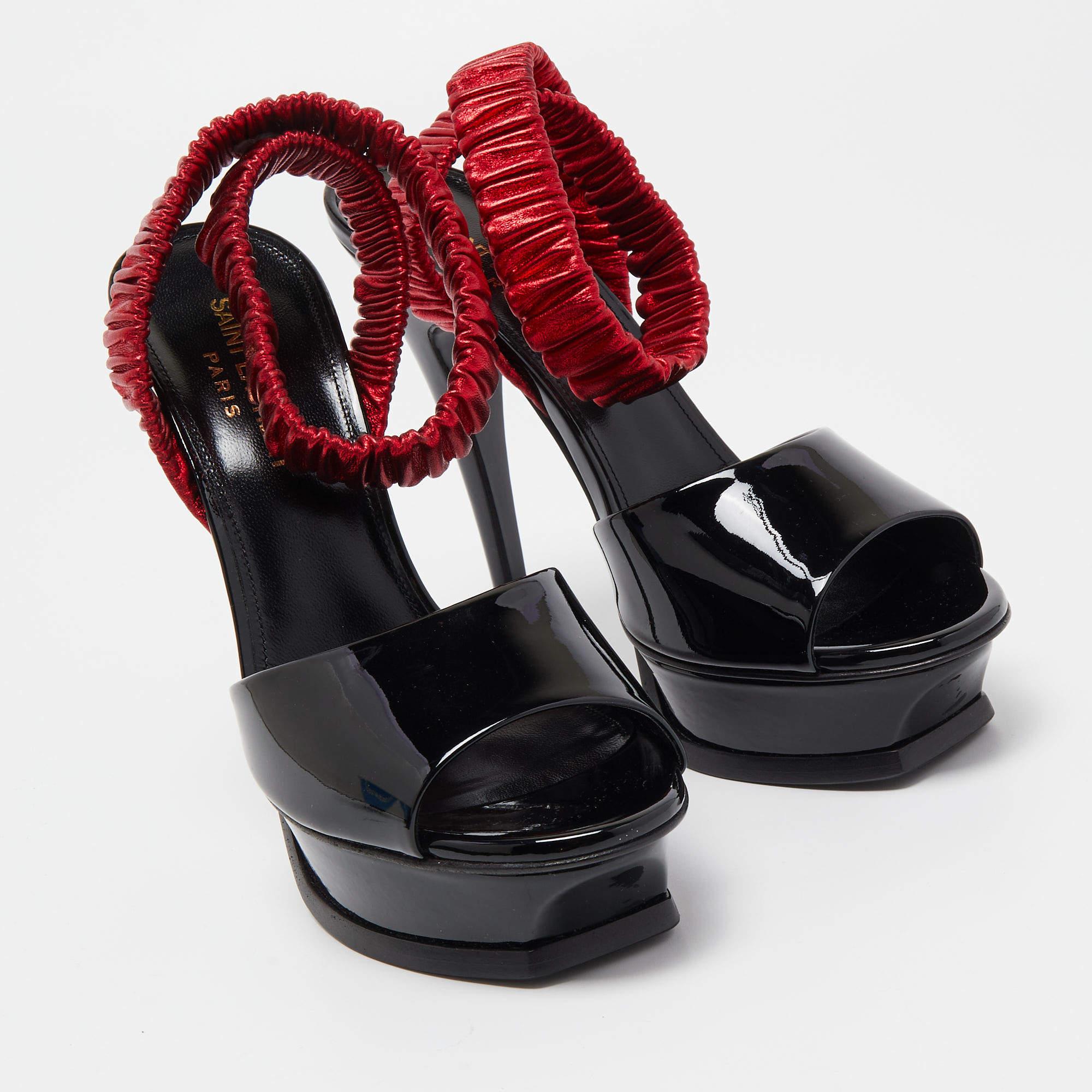 Saint Laurent Black Patent Leather Platform Ankle Wrap Sandals Size 36.5 In Excellent Condition In Dubai, Al Qouz 2