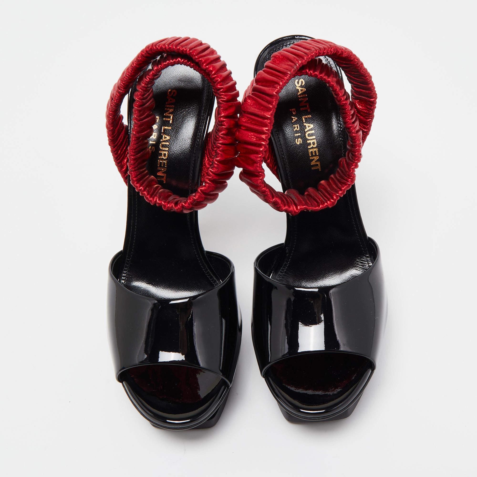 Women's Saint Laurent Black Patent Leather Platform Ankle Wrap Sandals Size 36.5