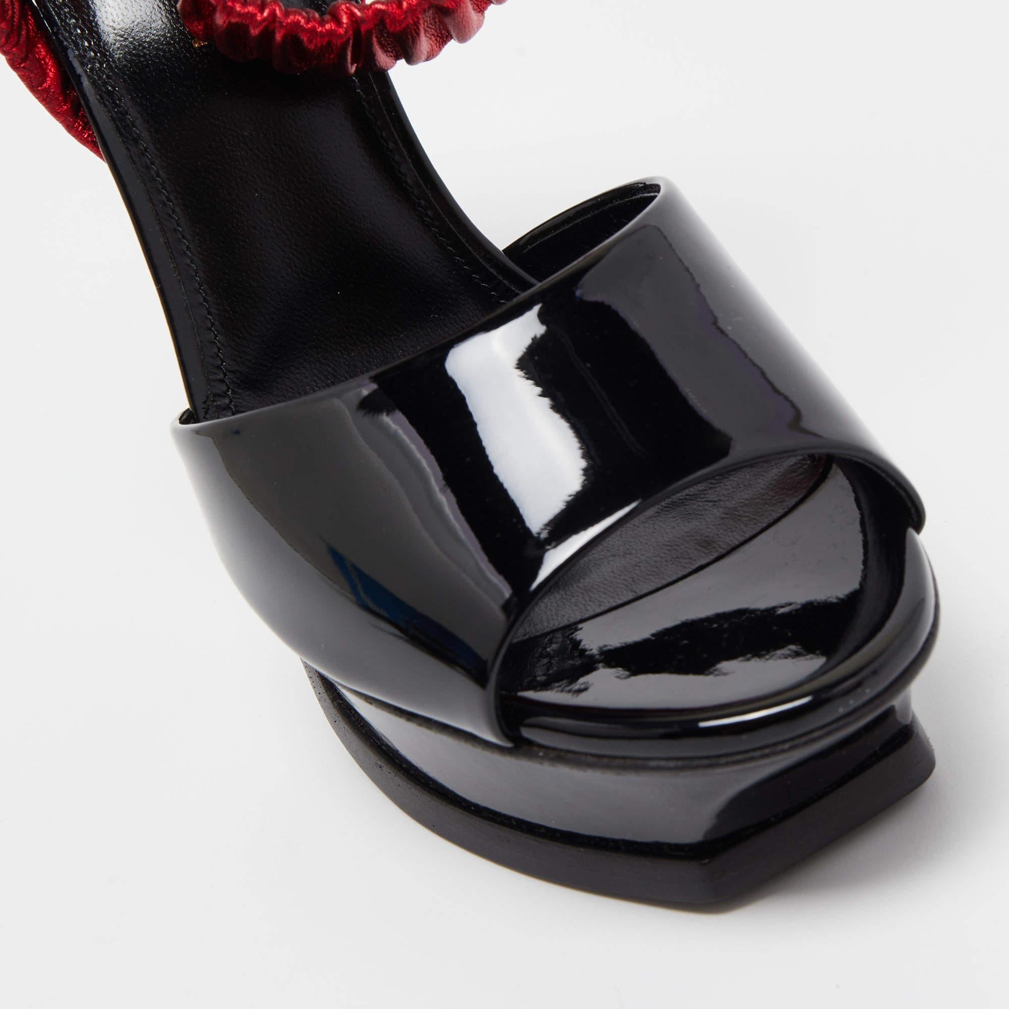 Women's Saint Laurent Black Patent Leather Platform Ankle Wrap Sandals Size 36.5
