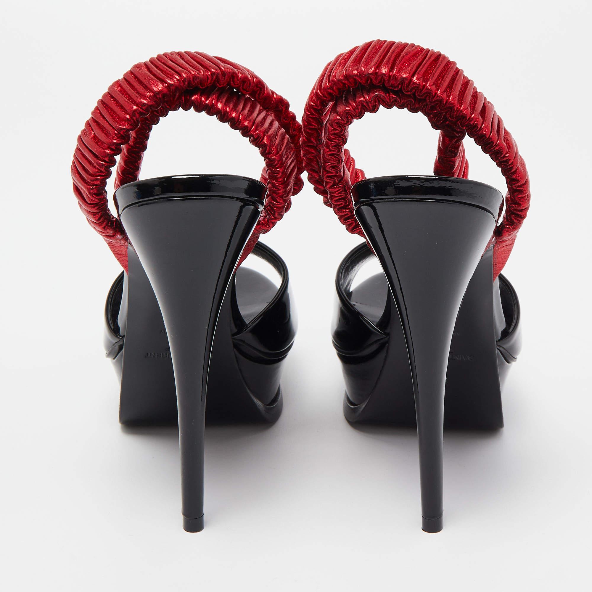 Saint Laurent Black Patent Leather Platform Ankle Wrap Sandals Size 36.5 2