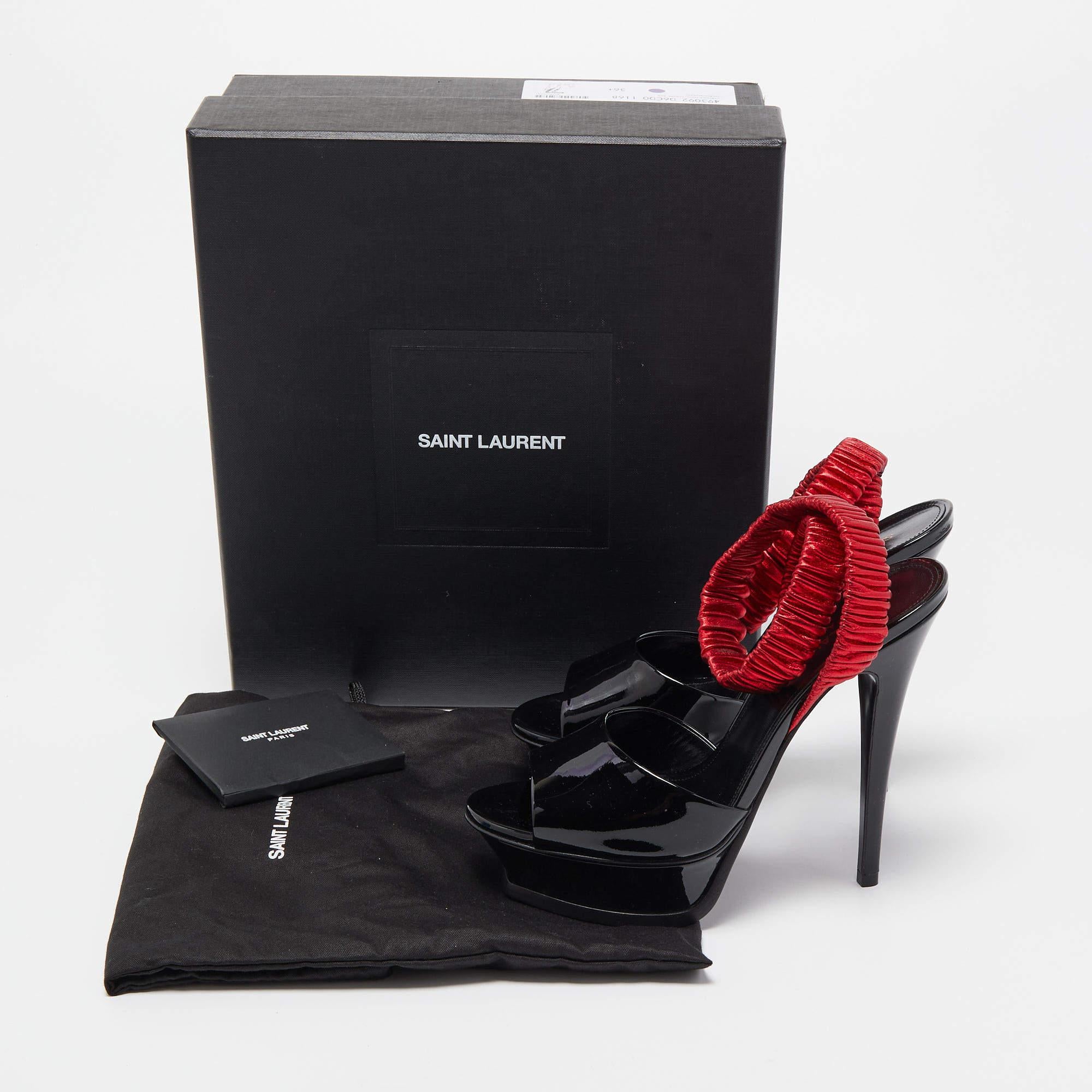 Saint Laurent Black Patent Leather Platform Ankle Wrap Sandals Size 36.5 5