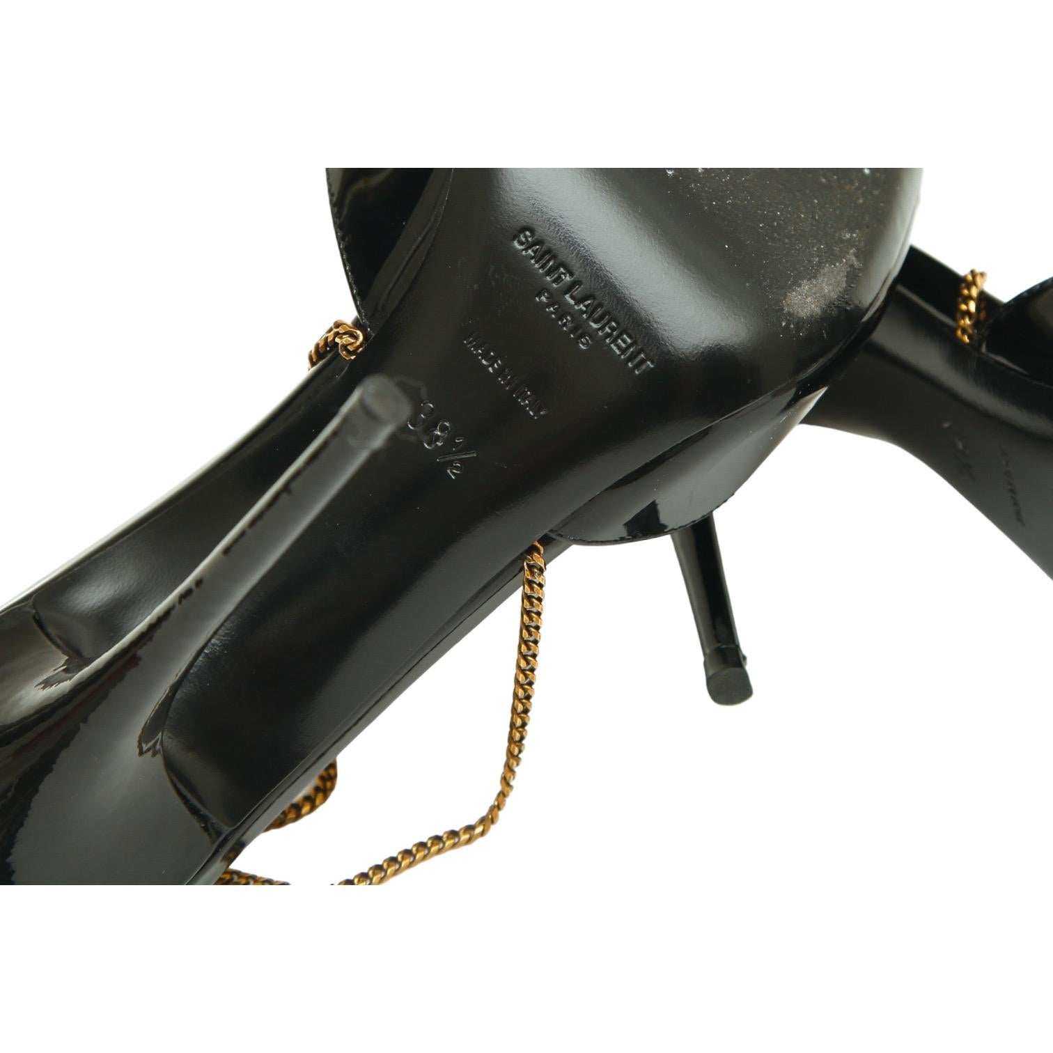 SAINT LAURENT Black Patent Leather Pump CLAW CHAIN YSL Logo Heel Gold Ankle 38.5 For Sale 6