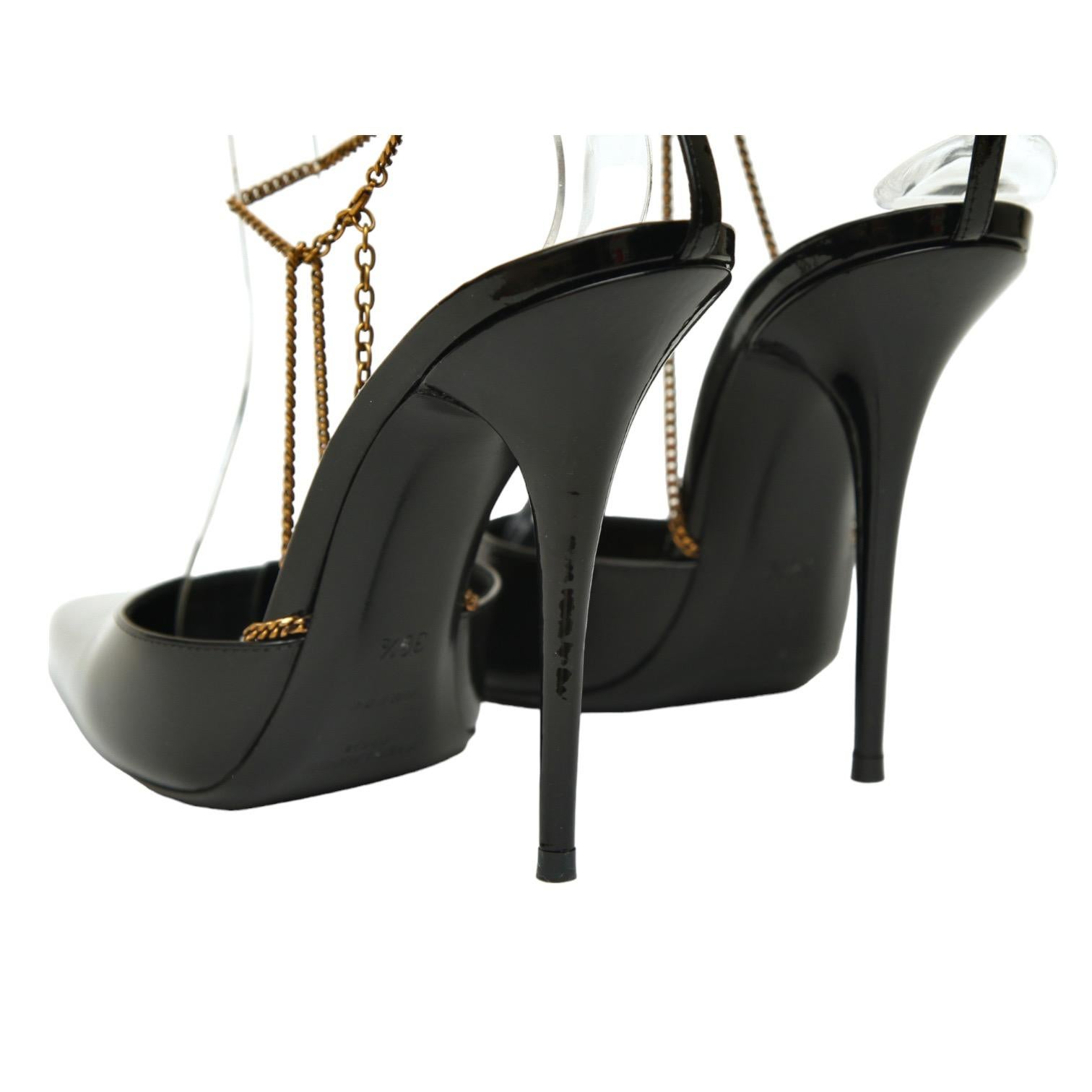 SAINT LAURENT Black Patent Leather Pump CLAW CHAIN YSL Logo Heel Gold Ankle 38.5 For Sale 4