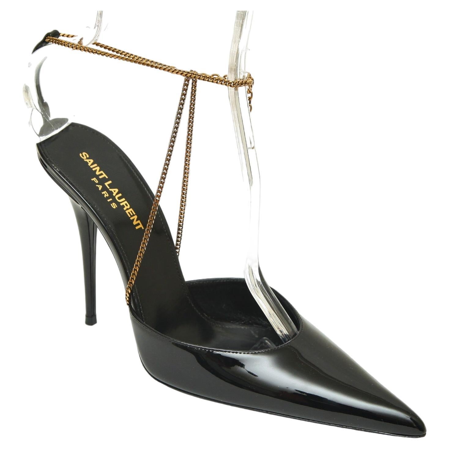 SAINT LAURENT Black Patent Leather Pump CLAW CHAIN YSL Logo Heel Gold Ankle 38.5 For Sale