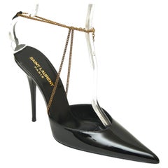 SAINT LAURENT Black Patent Leather Pump CLAW CHAIN YSL Logo Heel Gold Ankle 38.5