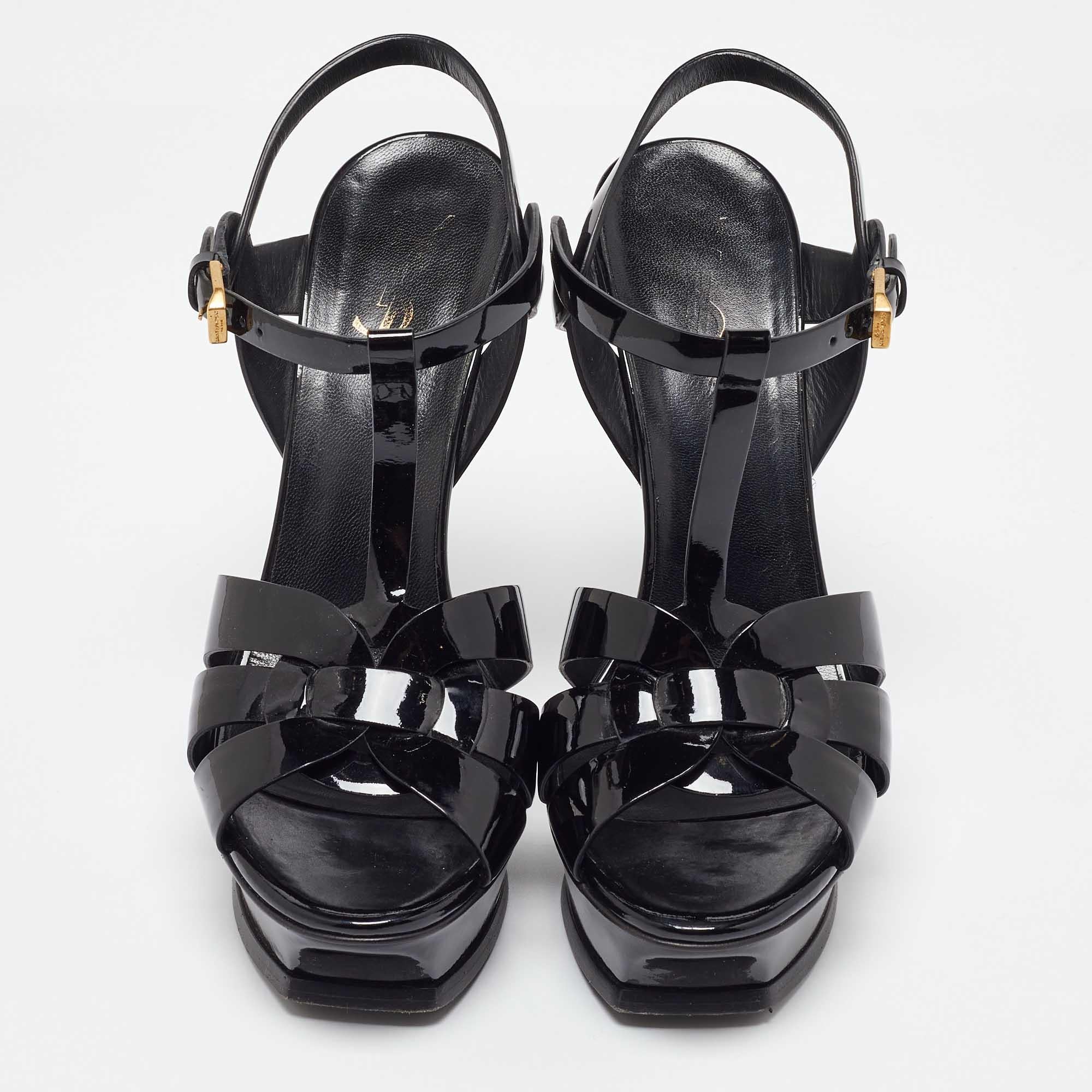 Saint Laurent Black Patent Leather Tribute Platform Sandals Size 39 In Good Condition For Sale In Dubai, Al Qouz 2