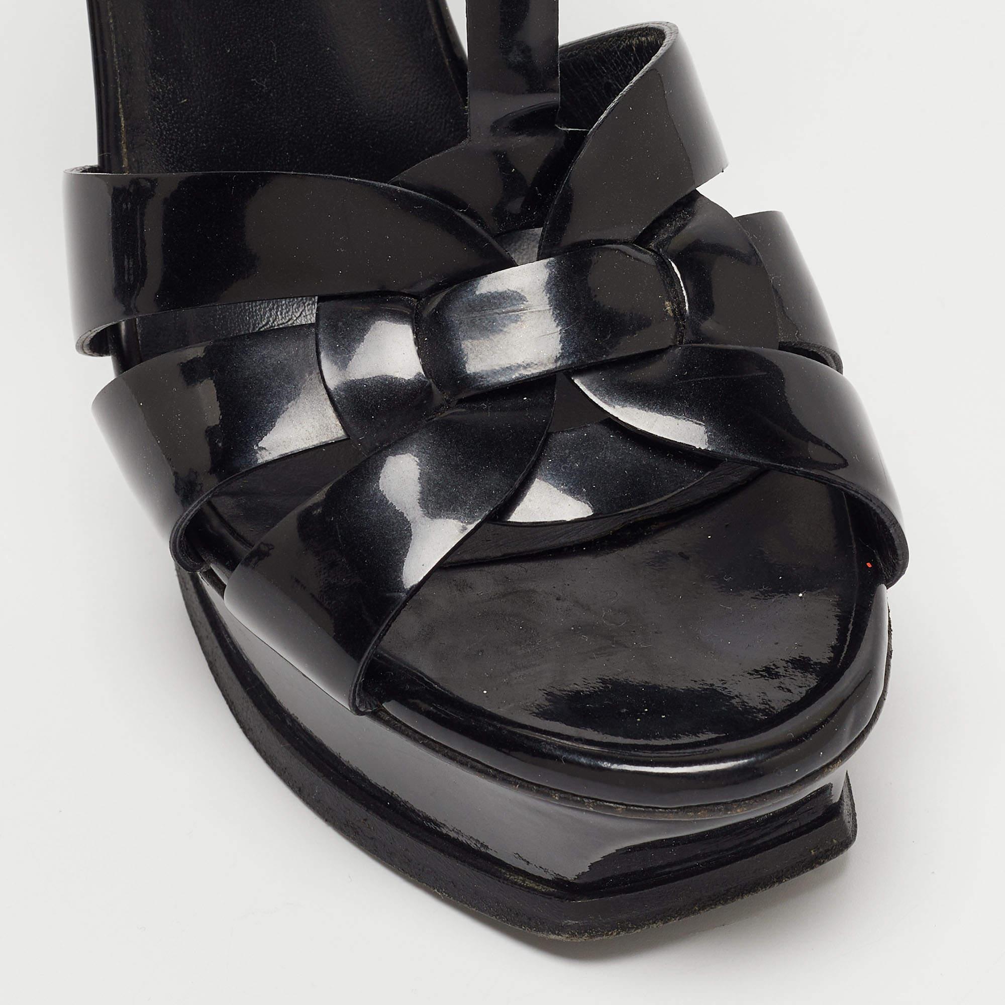 Women's Saint Laurent Black Patent Leather Tribute Sandals Size 37