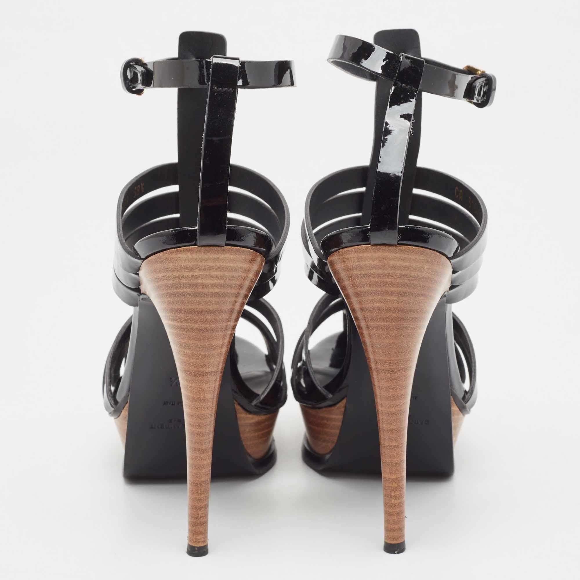 Saint Laurent Black Patent Leather Tribute Woodstock Sandals Size 38.5 In Excellent Condition For Sale In Dubai, Al Qouz 2