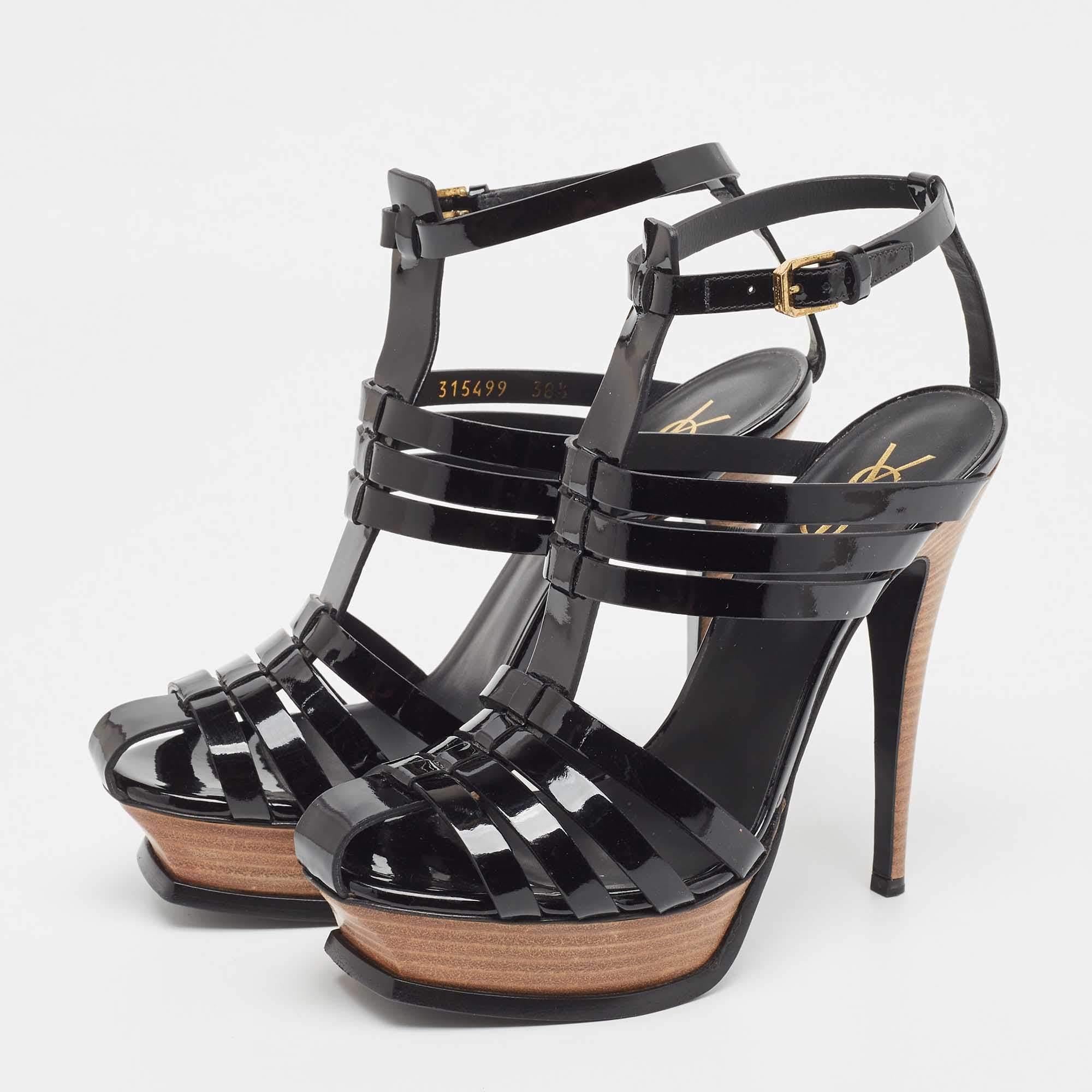 Saint Laurent Black Patent Leather Tribute Woodstock Sandals Size 38.5 For Sale 1