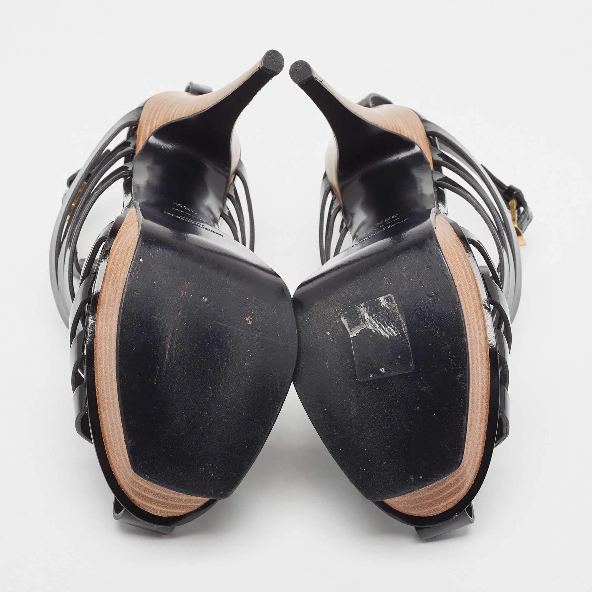Saint Laurent Black Patent Leather Tribute Woodstock Sandals Size 38.5 For Sale 2