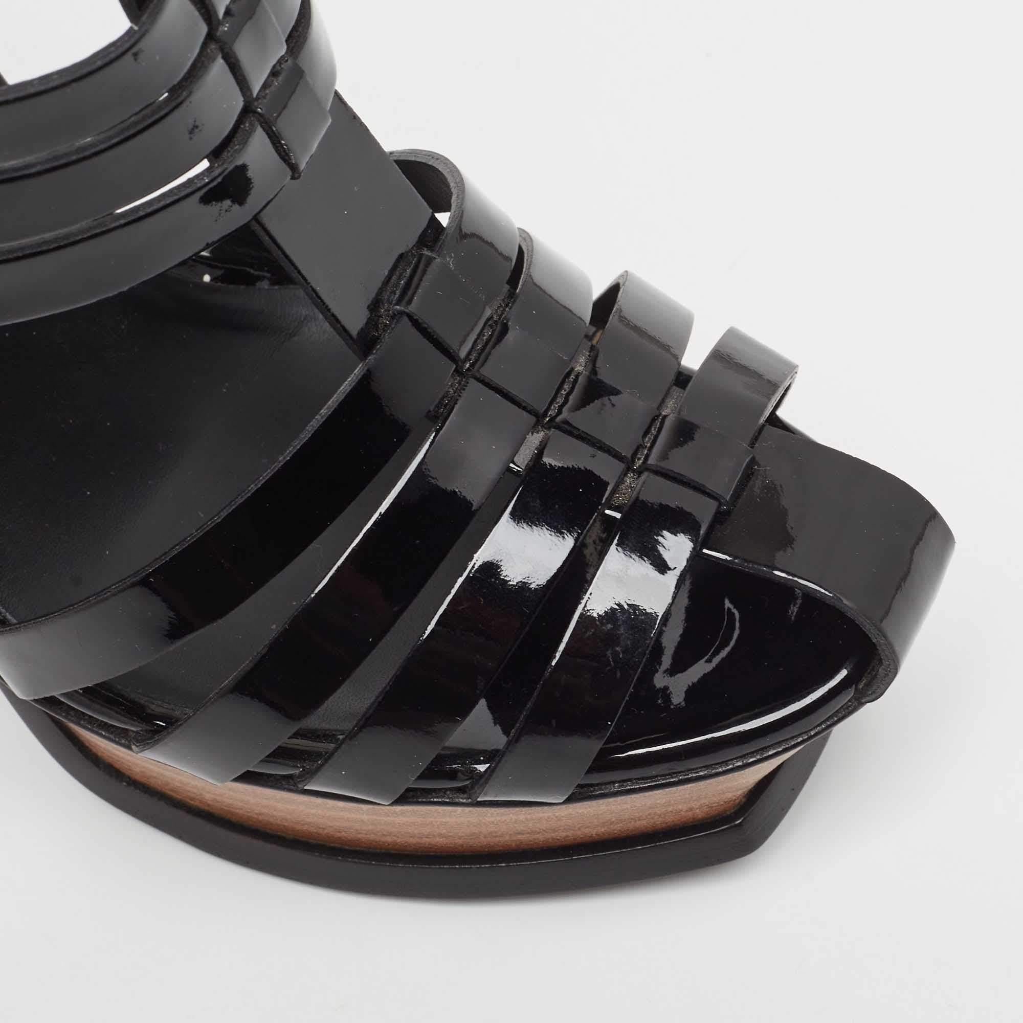 Saint Laurent Black Patent Leather Tribute Woodstock Sandals Size 38.5 For Sale 3
