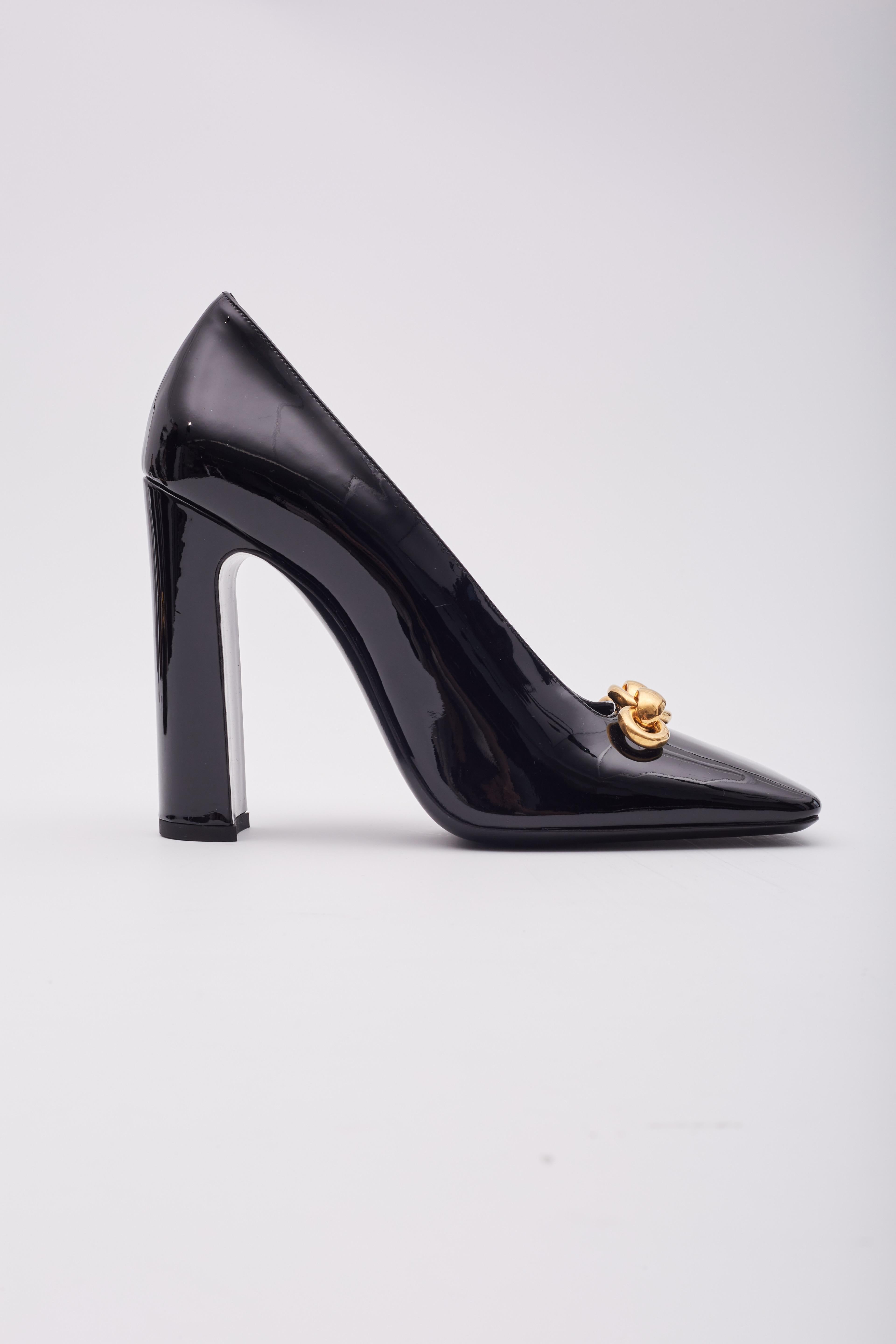 Saint Laurent Schwarze Lack Swing Chain-link Block Heels mit Kettengliedern (Eu 40) im Angebot 4