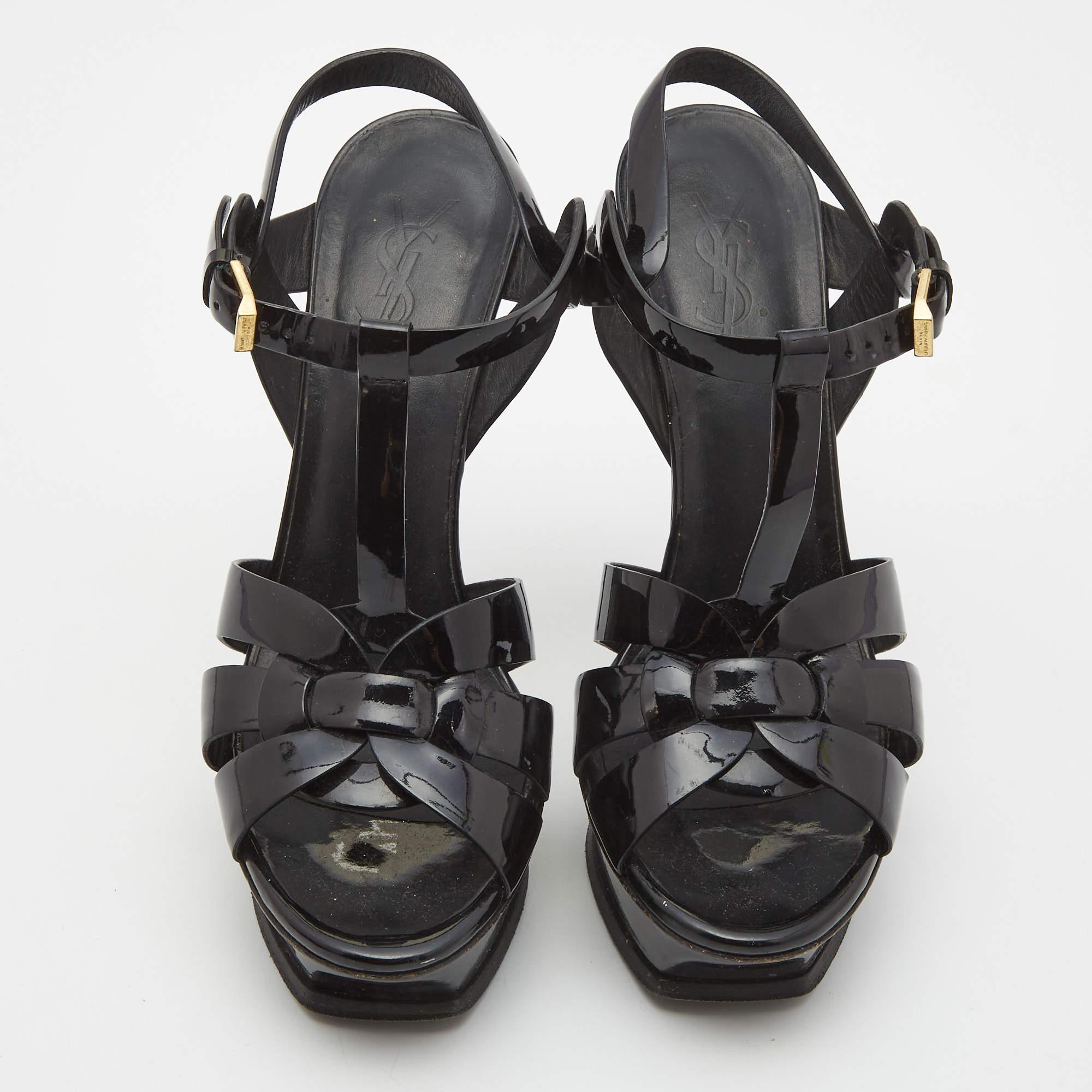 Saint Laurent Black Patent Tribute Ankle Sandals Size 37.5 In Fair Condition In Dubai, Al Qouz 2