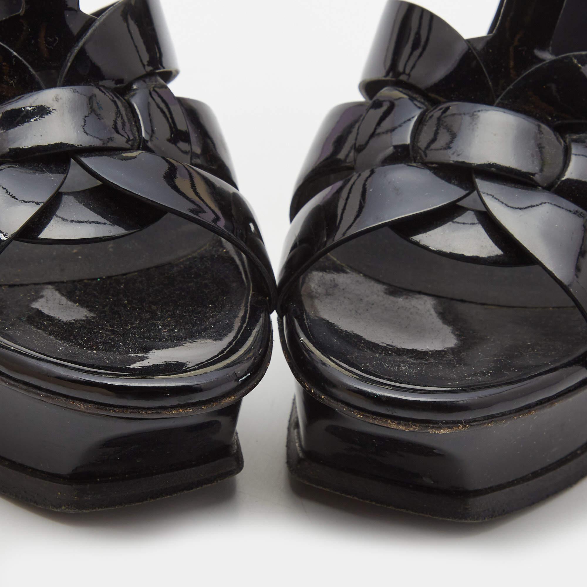 Women's Saint Laurent Black Patent Tribute Ankle Sandals Size 37.5