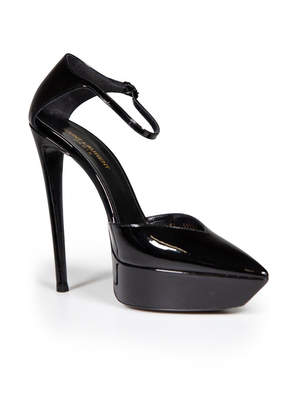 CONDITION is Very good. Minimal wear to pumps is evident. Minimal wear to soles on this used Saint Laurent designer resale item. These shoes come with original box and dust bag.
 
 
 
 Details
 
 
 Model: Zizi
 
 Black
 
 Patent leather
 
 Heels
 
