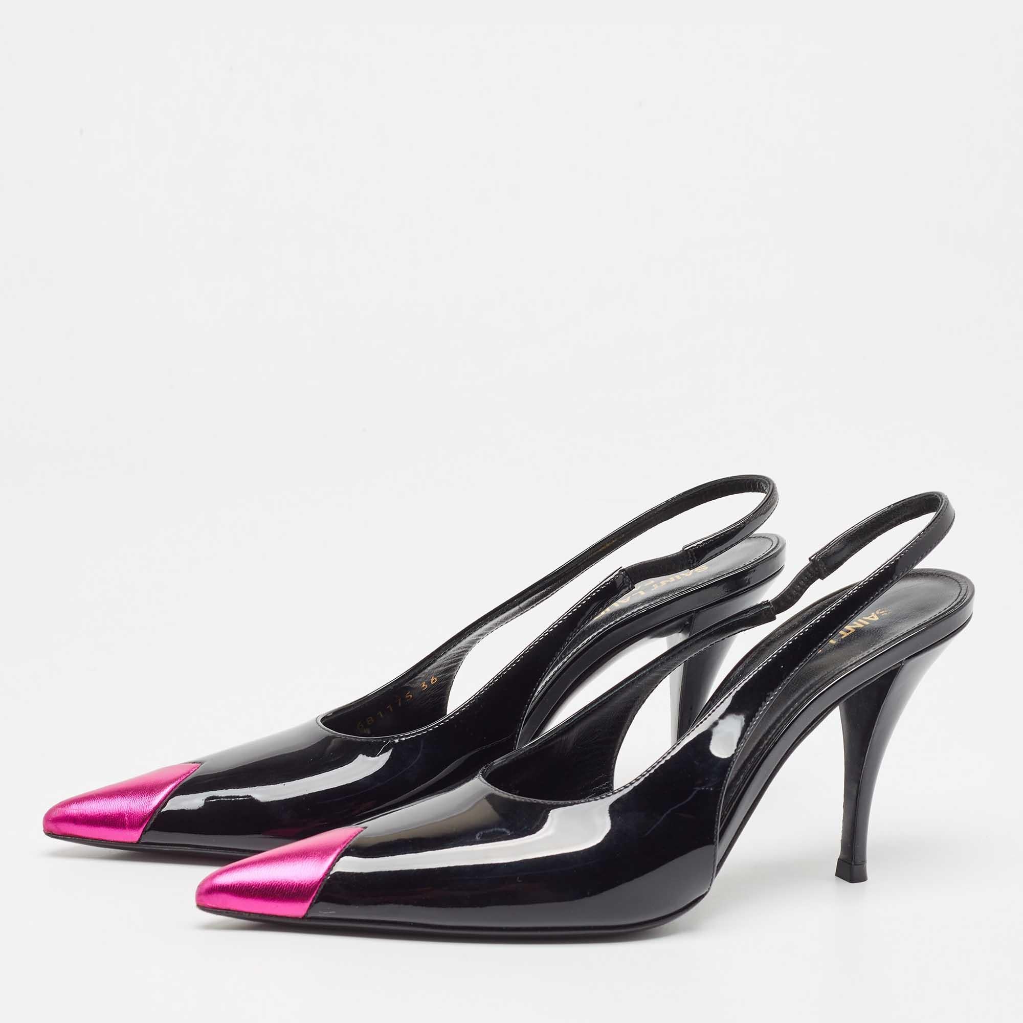 Women's Saint Laurent Black/Pink Patent and Leather Slingback Pumps Size 36 For Sale