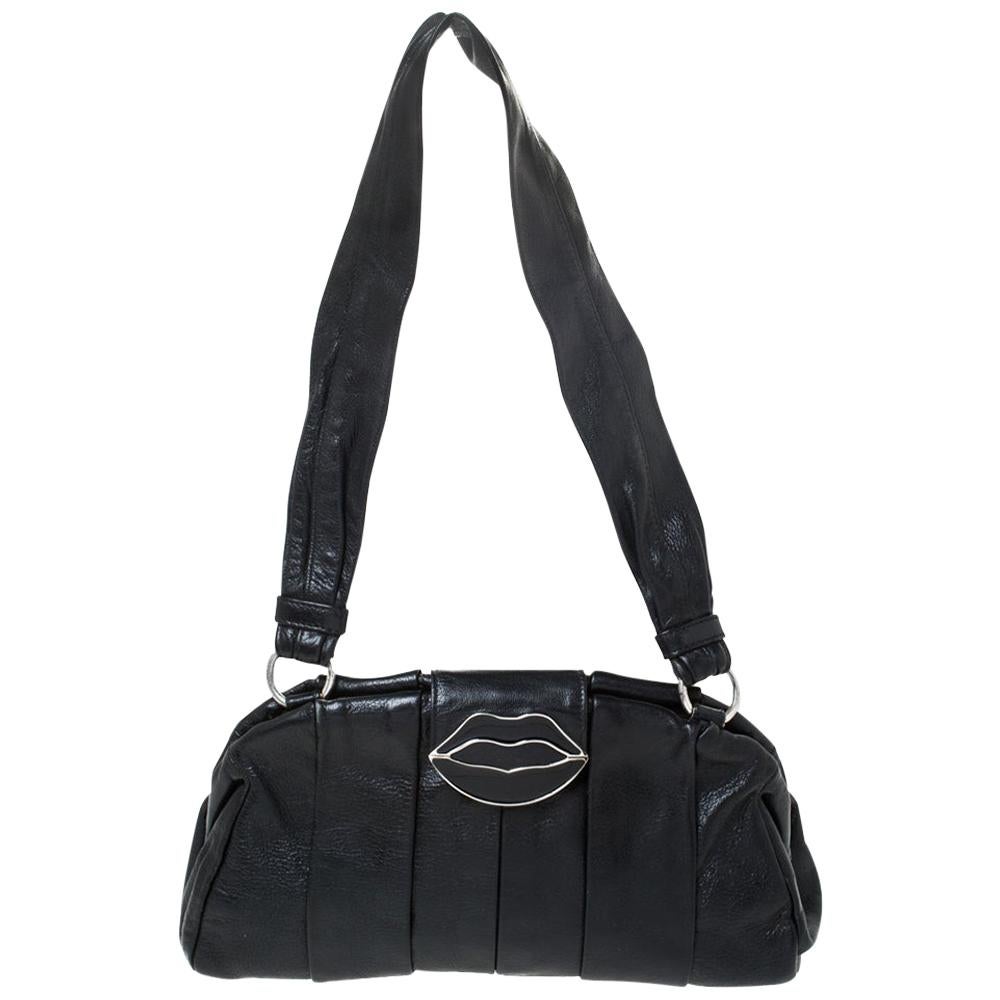 Saint Laurent Black Pleated Leather Lips Flap Shoulder Bag