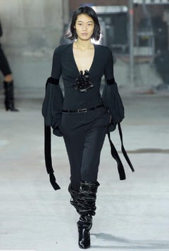 Saint Laurent Black Plunging Leather Flower Puff Sleeve Top Blouse Fr. 42 US 10