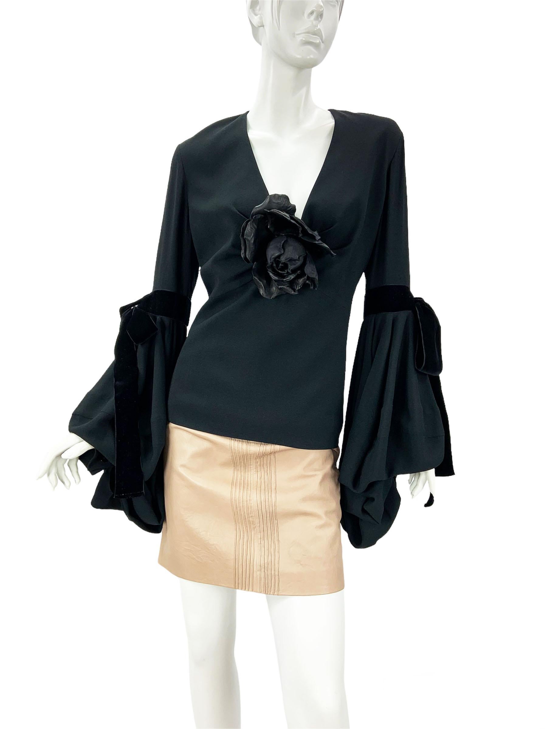 Saint Laurent Black Plunging Leather Flower Puff Sleeve Top Blouse Fr. 42 US 10 In Excellent Condition For Sale In Montgomery, TX