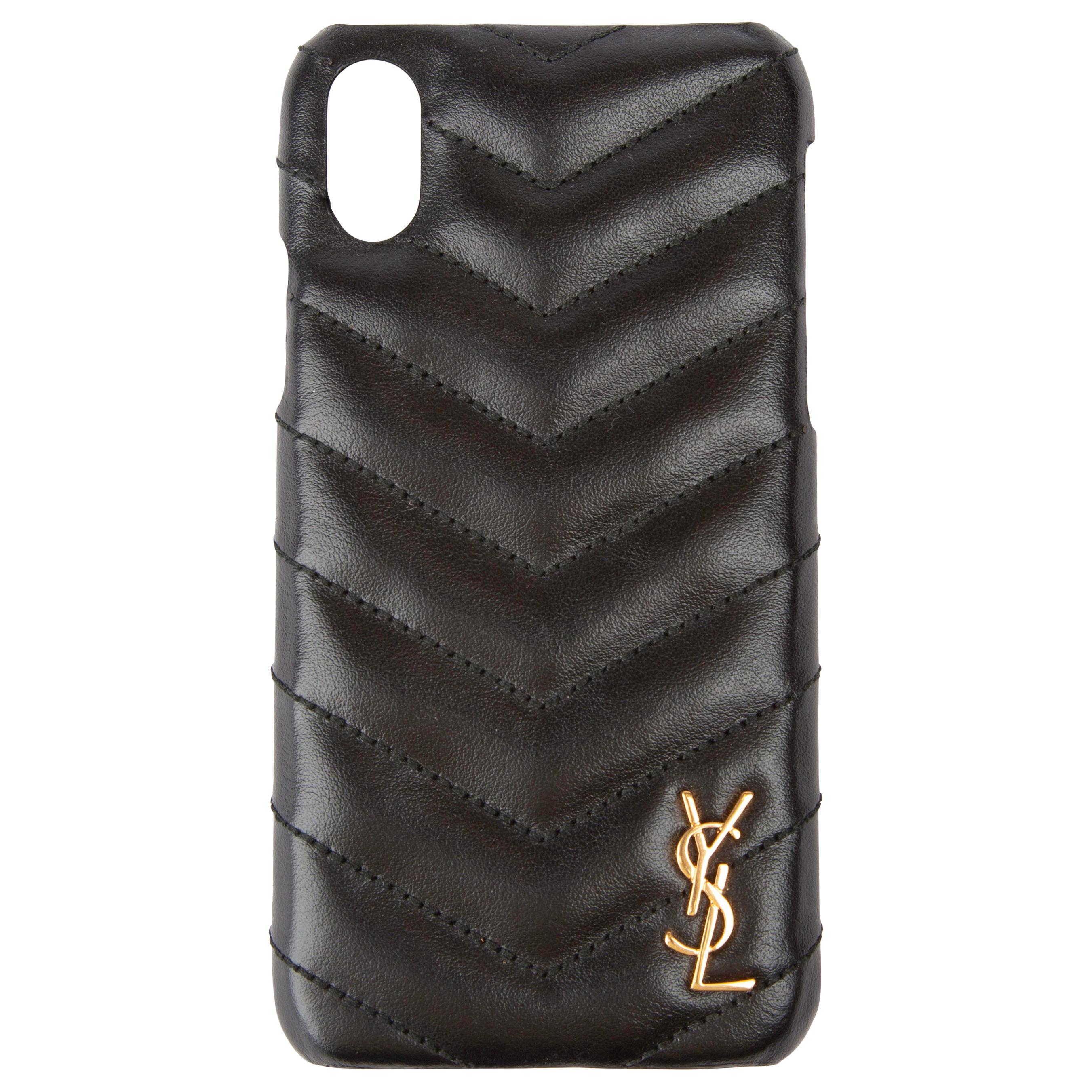 Saint Laurent Black Quilted Leather iPhone Xs with Gold Monogram Logo