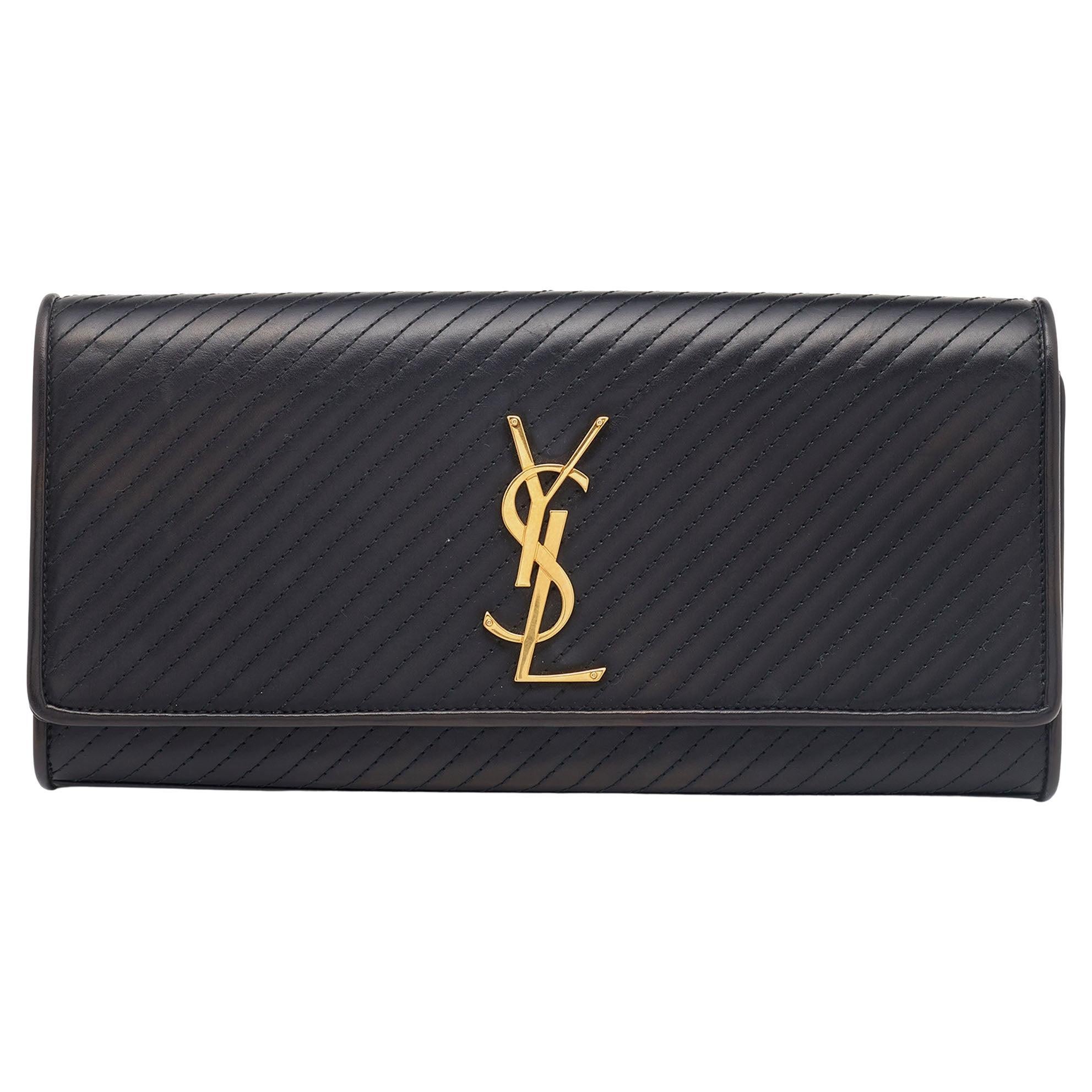 Saint Laurent Kate Clutch aus schwarzem gestepptem Leder