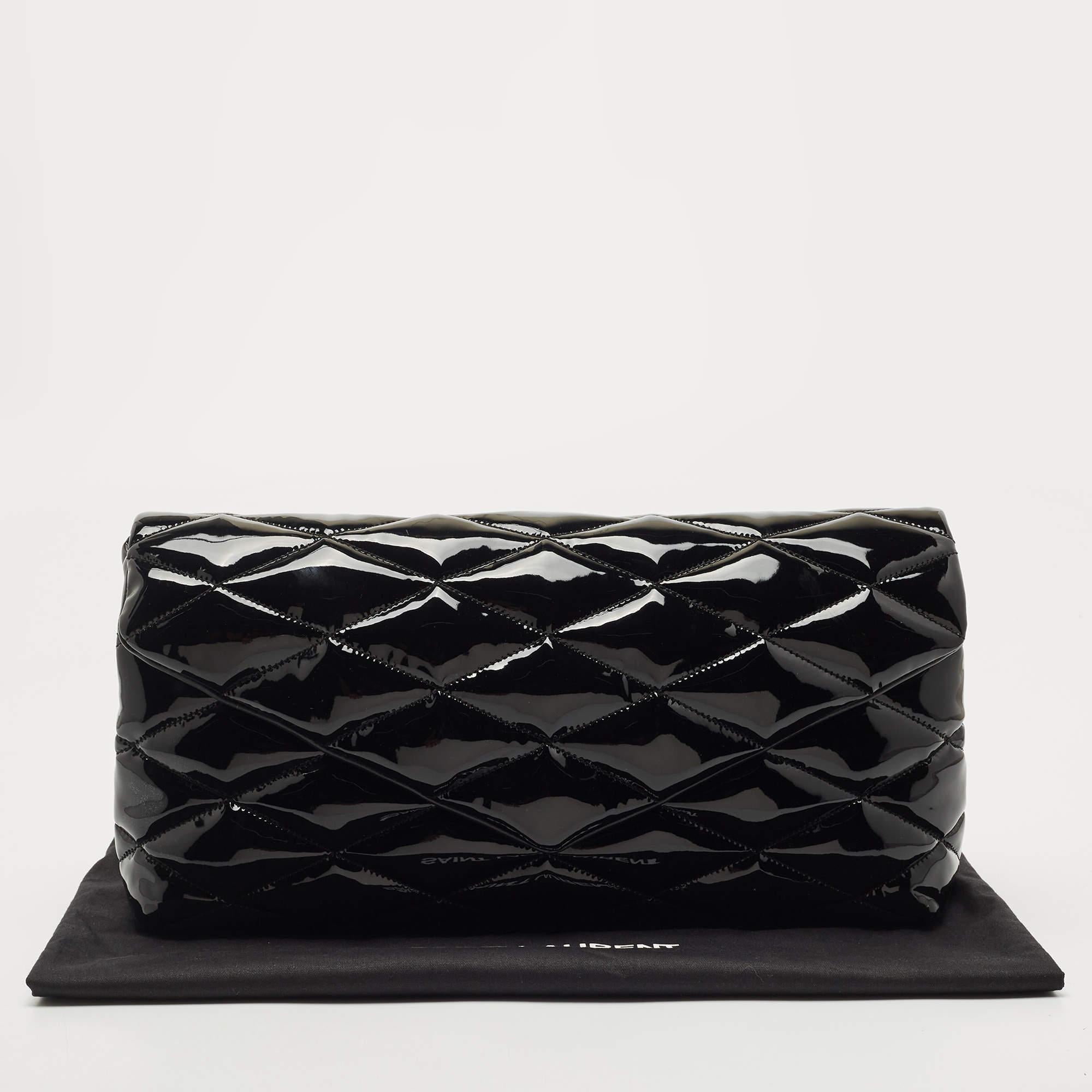 Saint Laurent Black Quilted Patent Leather Sade Puffer Envelope Clutch 8