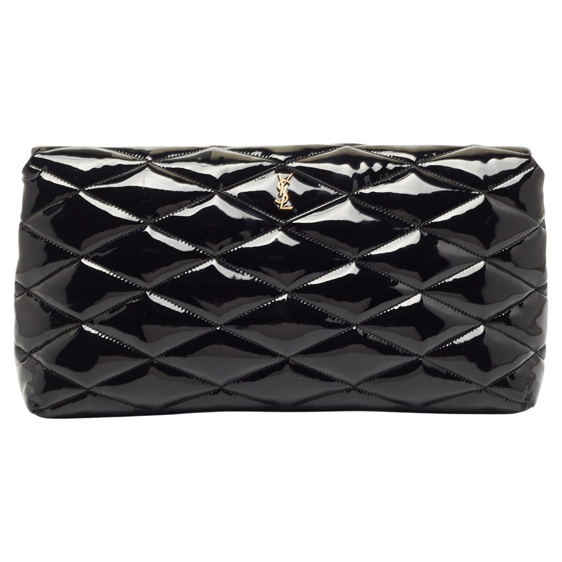 Saint Laurent Black Quilted Patent Leather Sade Puffer Envelope Clutch